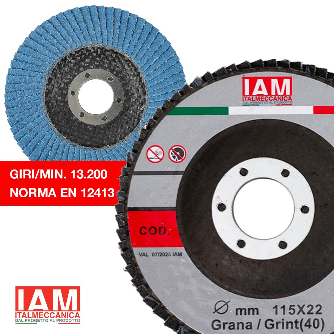 IAM Disco Lamellare Zirconio per Smerigliatrice 115 x 22 mm | Flap Disc Professionale Lamella Singola con Supporto in Fibra di Vetro | Disco Abrasivo per Acciaio Inox e Metallo | Grana 40 | 100 Pezzi