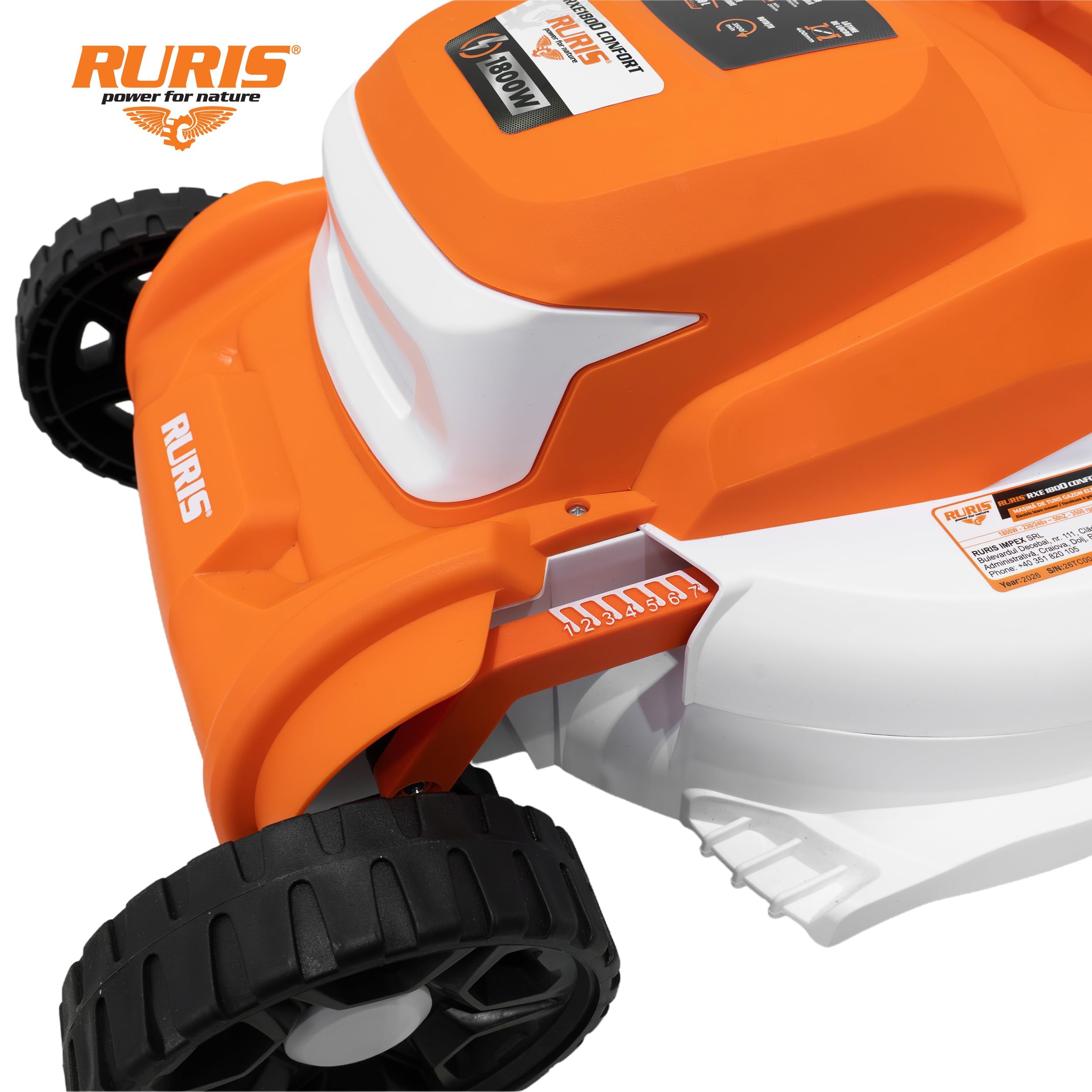 RURIS RXE1800 Confort - Cortacésped eléctrico (1800 W, Ancho 400 mm, 7 Alturas 25-75 mm, 3 Funciones Mulching Bandeja 40 L, Almacenamiento Vertical, asa de Espuma Confort Pro