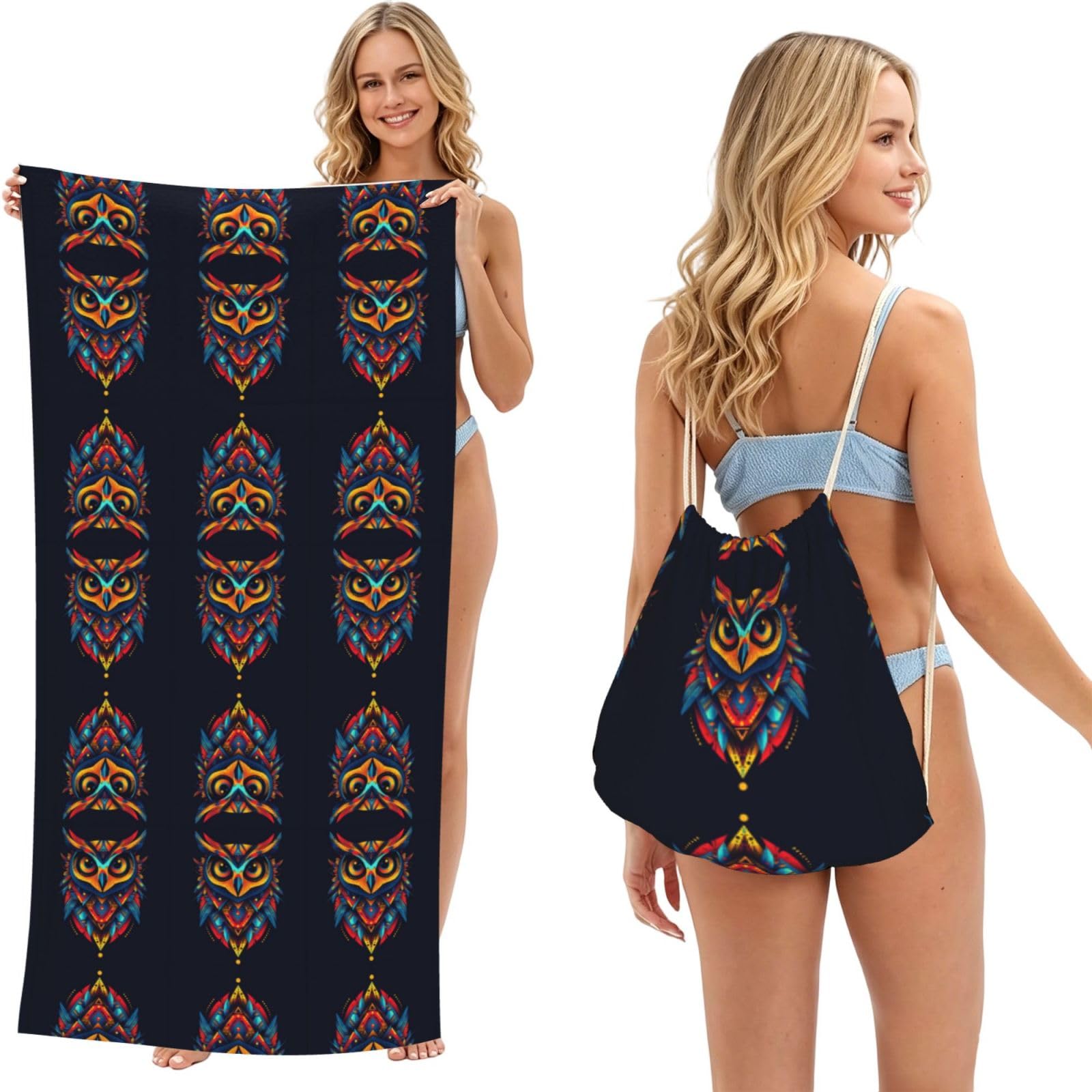 SXZVVBN Colorful Owl 2-in-1 Beach Towel Bag, Quick Dry Sand Free Travel Towel Backpack for Adults