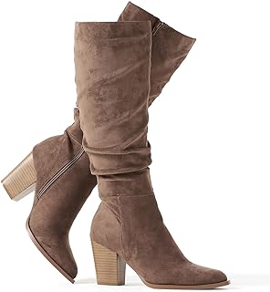 Women's Pointed Toe Knee High Boots Faux Suede Slouch Boots with Chunky ...