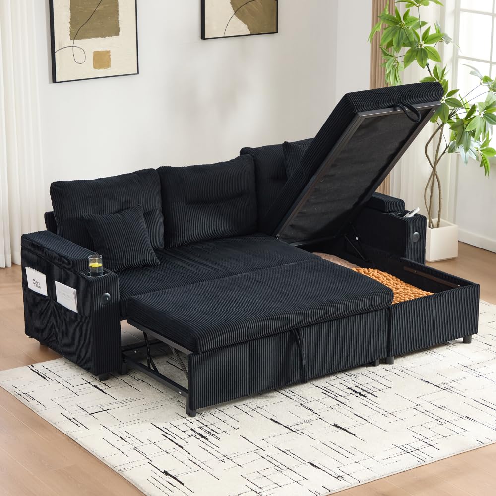 Lubvtti Divano letto 3 posti con portabicchieri,porte USB,contenitore integrato, divano 3 posti moderno in velluto a coste,divano angolare a L con chaise longue (Nero + 3 posti)