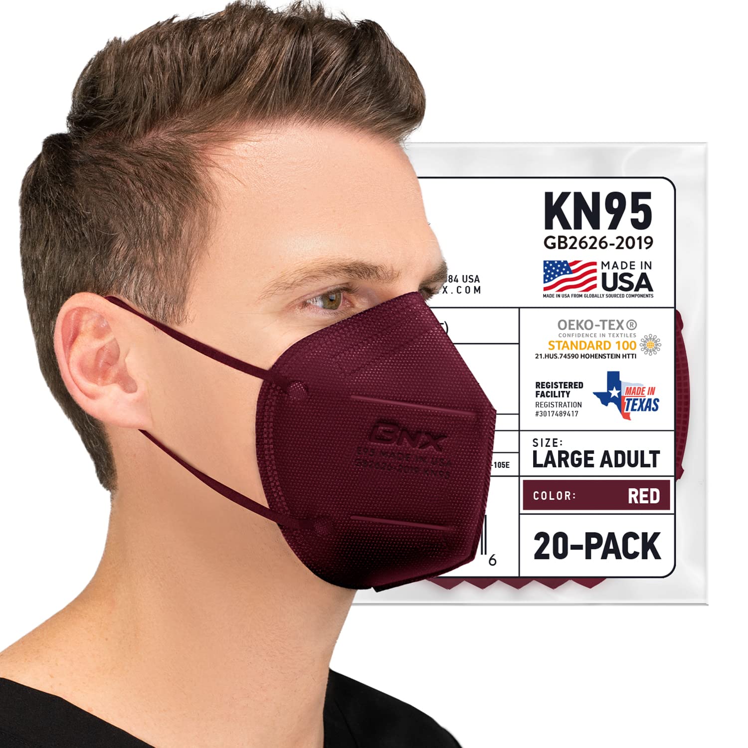 AccuMed BNX KN95 Face Masks Made in USA (Adult Large, Adult Medium, Kids Small) (Earloop) (Model: E95/E95M/E95S)
