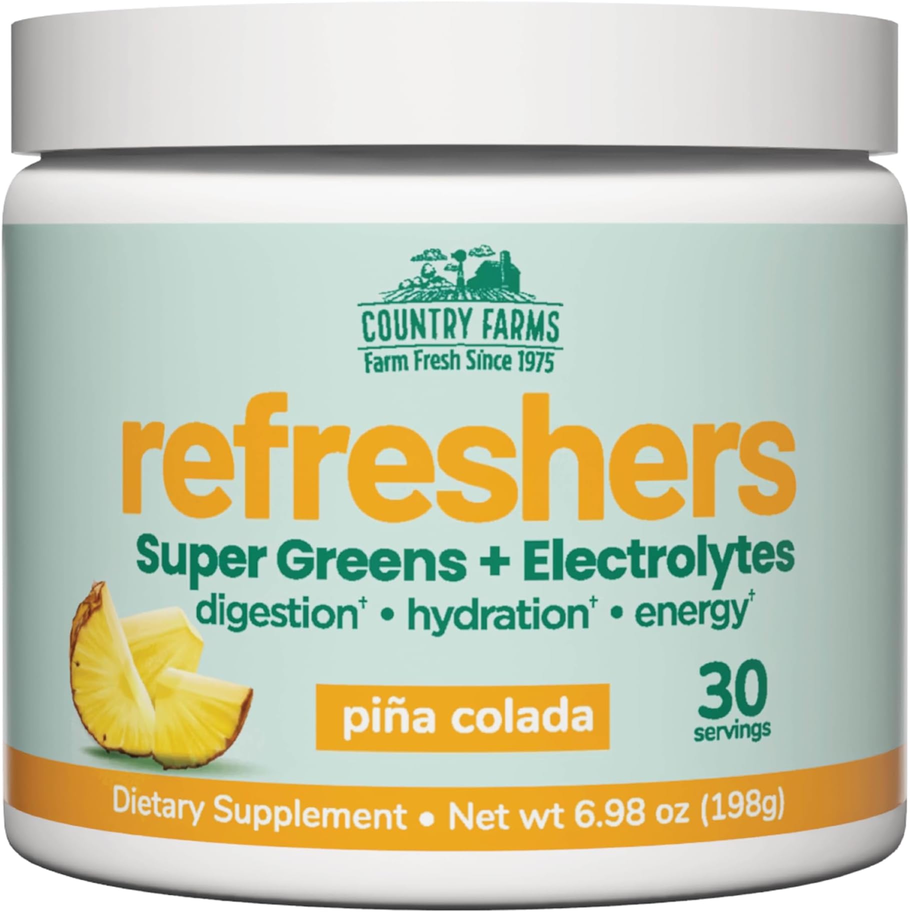 Country Farms Refreshers, Super Greens and Electrolytes, Essential Minerals and Superfoods, Hydration Support, Promotes Natural Energy, with Fiber, Piña Colada, 30 Servings