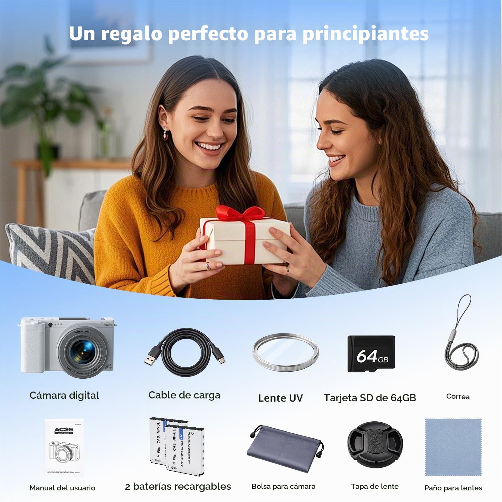Cámara Digital compacta 5K 72MP, Zoom óptico 6X, Pantalla abatible 2.8" 180°, Enfoque automático, estabilización Imagen, Tarjeta 64GB, 2 baterías, para vlogging y fotografía de Viajes