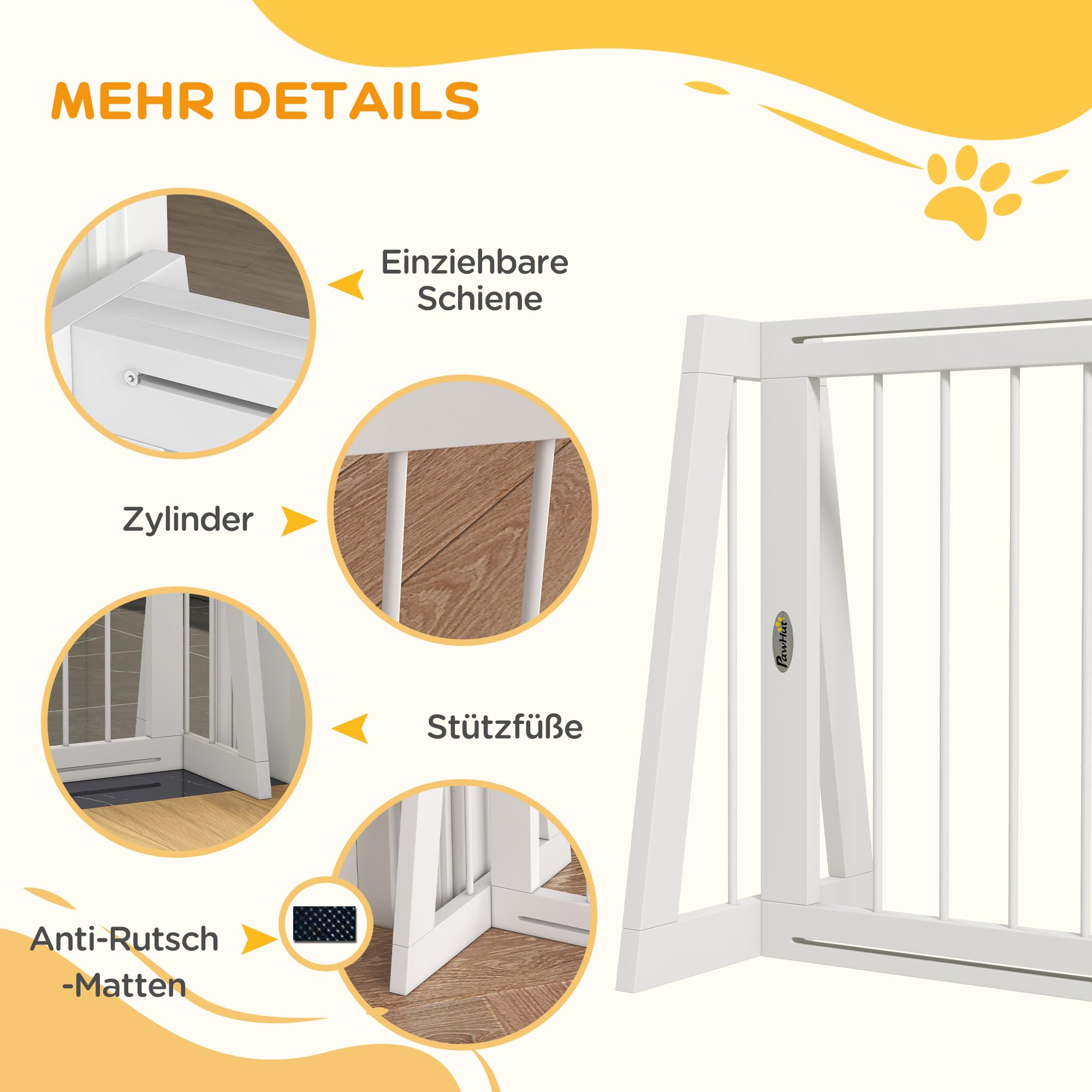 PawHut Absperrgitter Hund, Ausziehbar Freistehendes Schutzgitter mit 3 Paneelen, 56 x 71-190 cm Holz Hundegitter für Treppen, Türen, Küche, Kamin, Treppengitter für kleine Hunde, Weiß