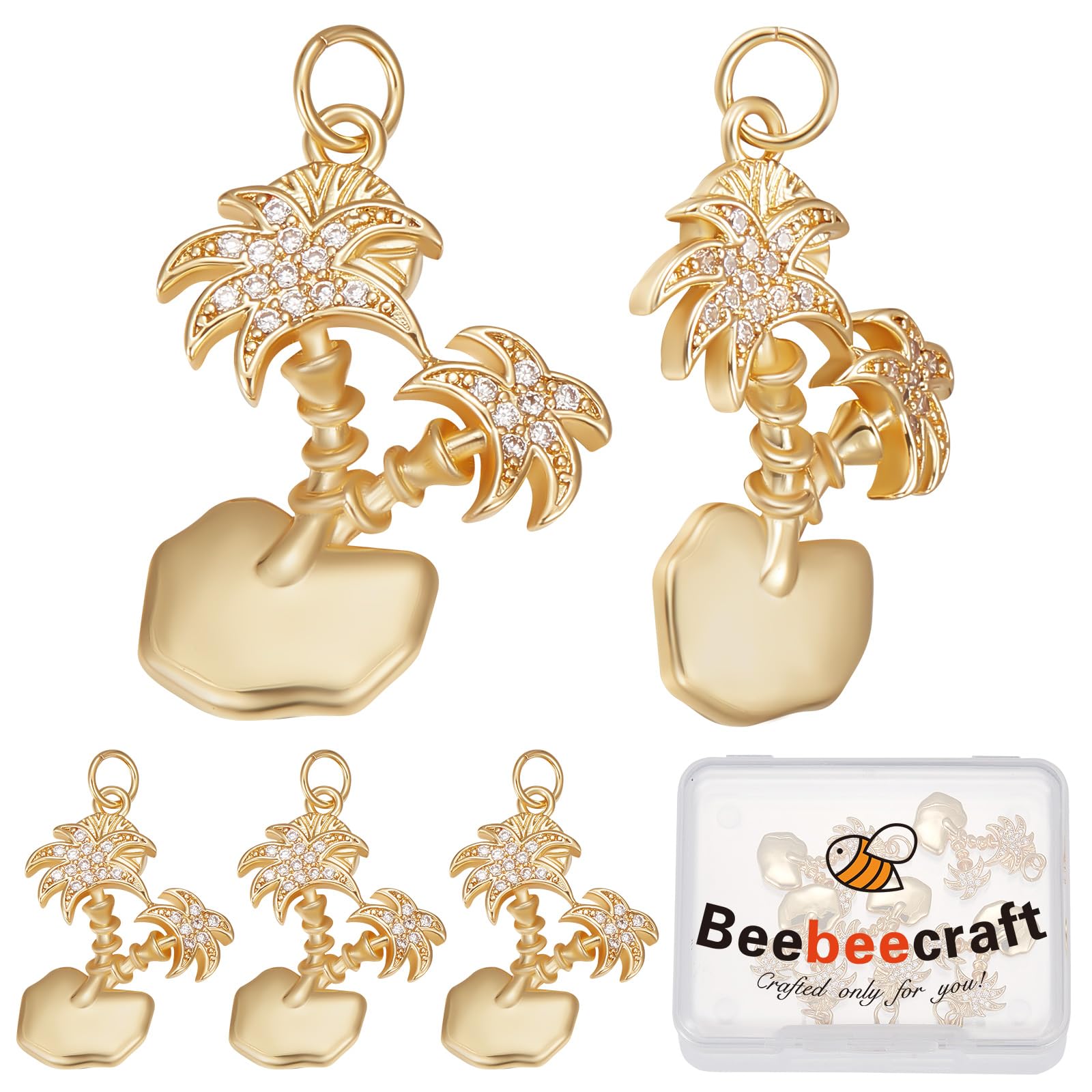 BeebeecraftBeebeecraft 1 Box 6Pcs Coconut Tree Charms 18K Gold Plated Palm Tree Plant Seaside Beach Charms with Cubic Zirconia Pendants with Jump Rings for Jewellery Earring Necklace Making