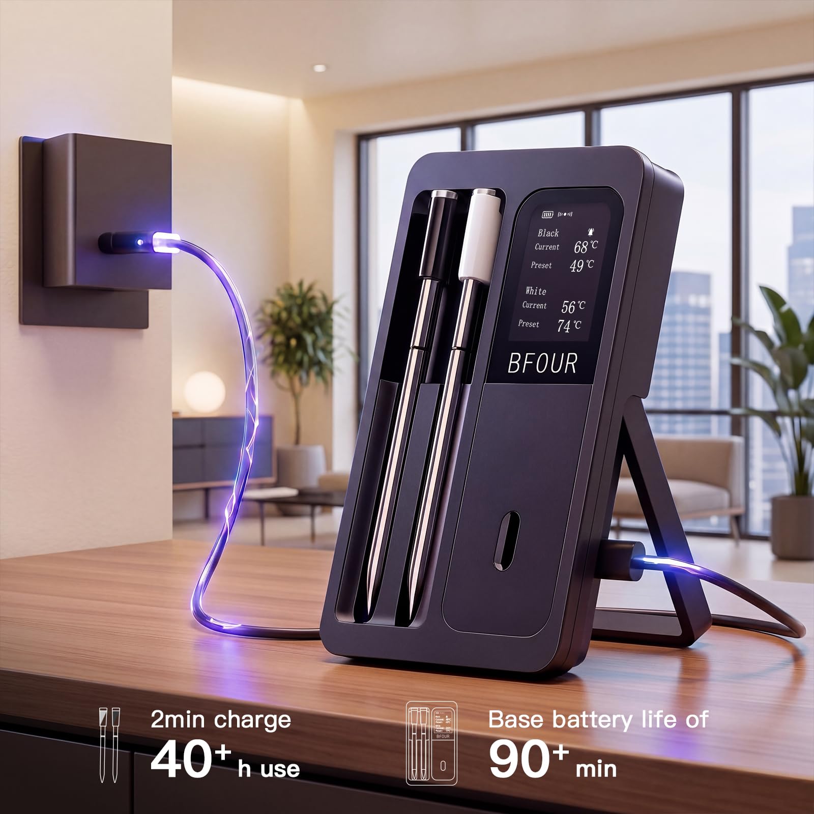 BFOUR Termometro per carne, termometro con 2 sonde intelligenti, monitoraggio tramite app con timer e allarme, impermeabile e resistente al calore, termometro per barbecue, forno, barbecue