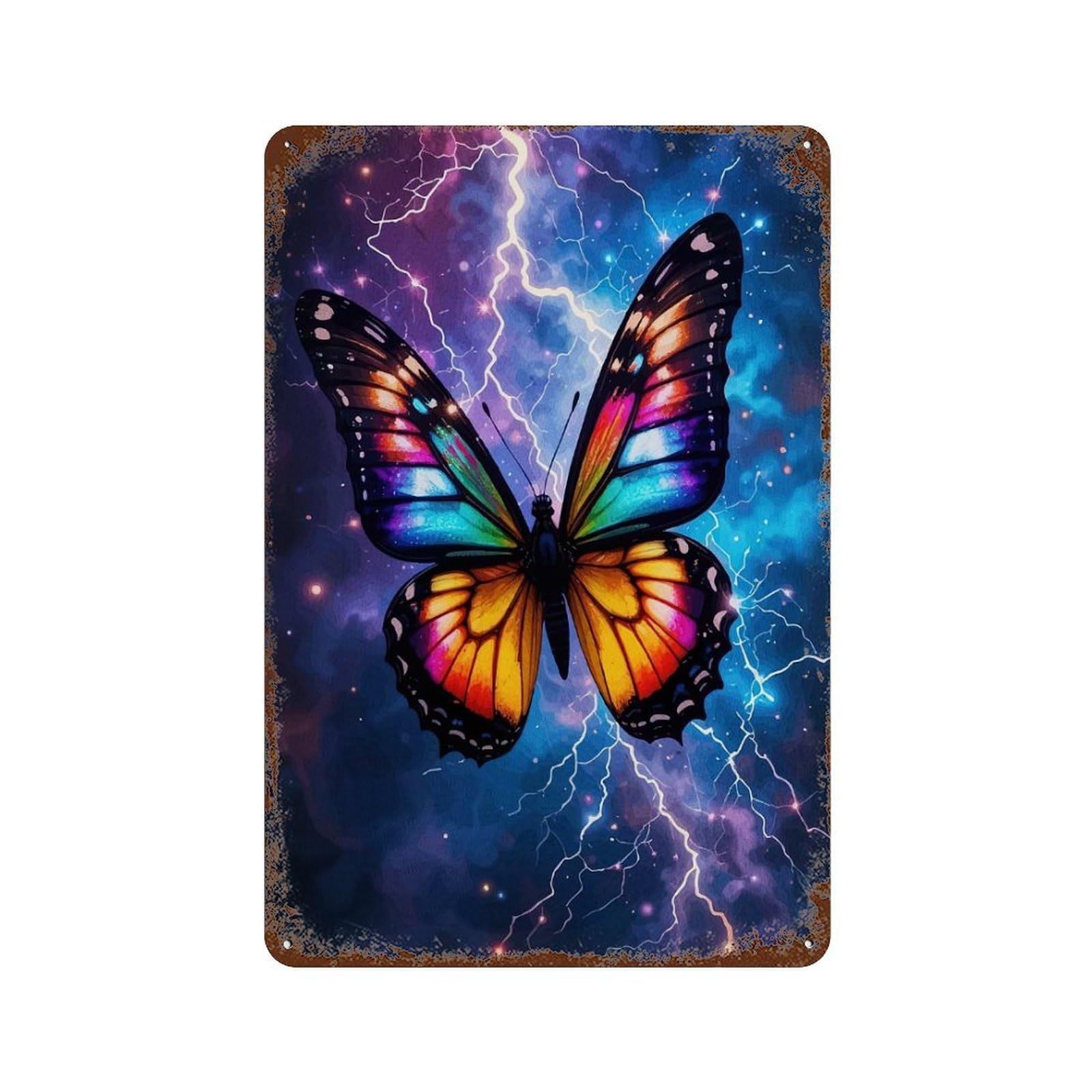 Colorful Butterfly Lightning Decorative Tin Sign 11.8"x7.9", Vintage Wall Decor for Basement, Hobby Room And Garage Decor