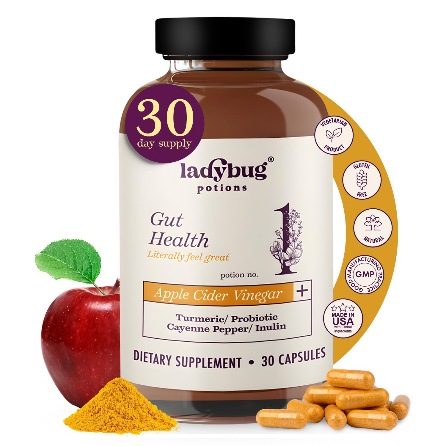 Ladybug Potions Suplemento de Vinagre de Maçã Orgânico com Cúrcuma, Inulina, Pimenta-preta e Pimenta-caiena 450 mg, 30 cápsulas