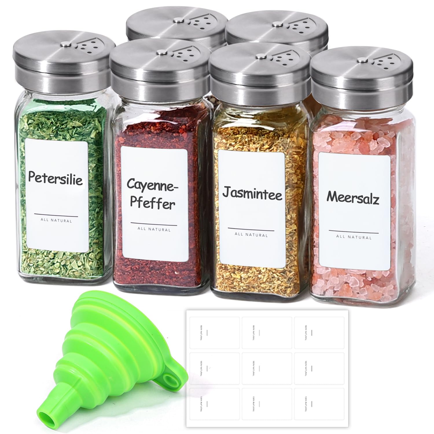 ComSaf 6 Pièces Pot à Épices Verre avec Couvercles Réglables Étiquettes Entonnoir