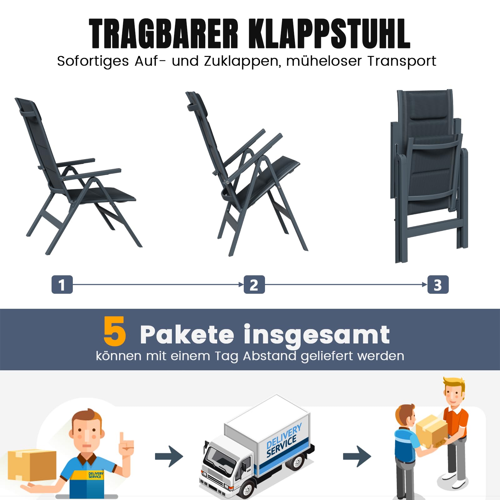 Devoko Gartenmöbel Set 8 stühle mit Tisch, Bestehend aus 1 Aluminiumtisch und 8 Klappstühlen für balkonmöbel. 1 x 189 cm Gartentisch mit Holzmaserung, Terrassenmöbel-Set, Dunkelgrau.