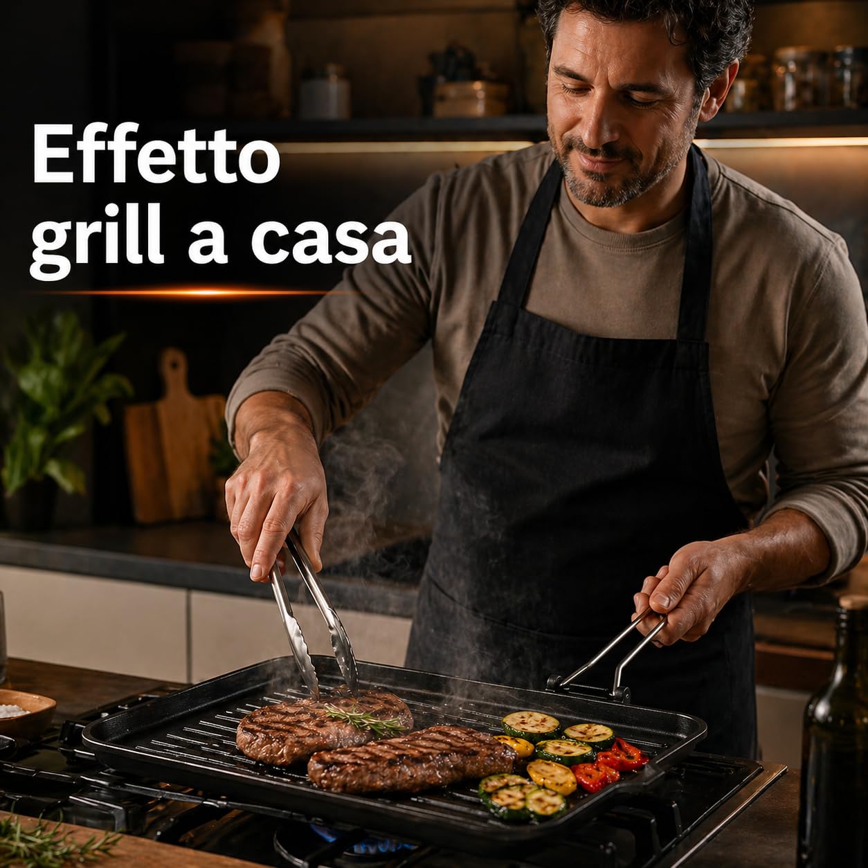 Bistecchiera ghisa per fornello rettangolare 28x36 cm piastra di ghisa rigata con manico pieghevole, ideale per carne verdure panini e cottura grill in cucina