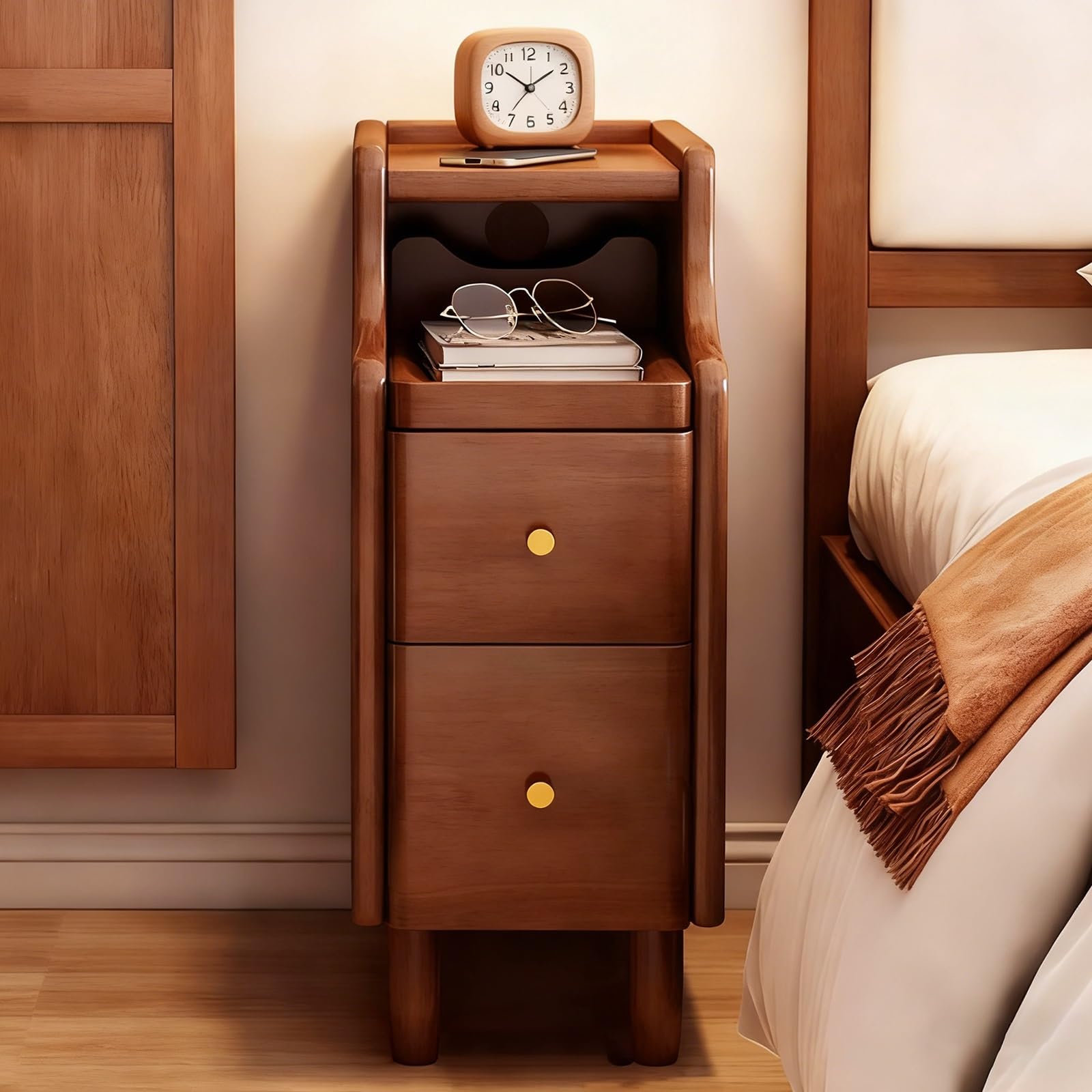SXZenSpace Slim Wooden Nightstand with 2 Drawers No Assembly Required Modern Bedside Table & Couch Side End Open Sliding Shelf Brown Finish 25x40x50cm