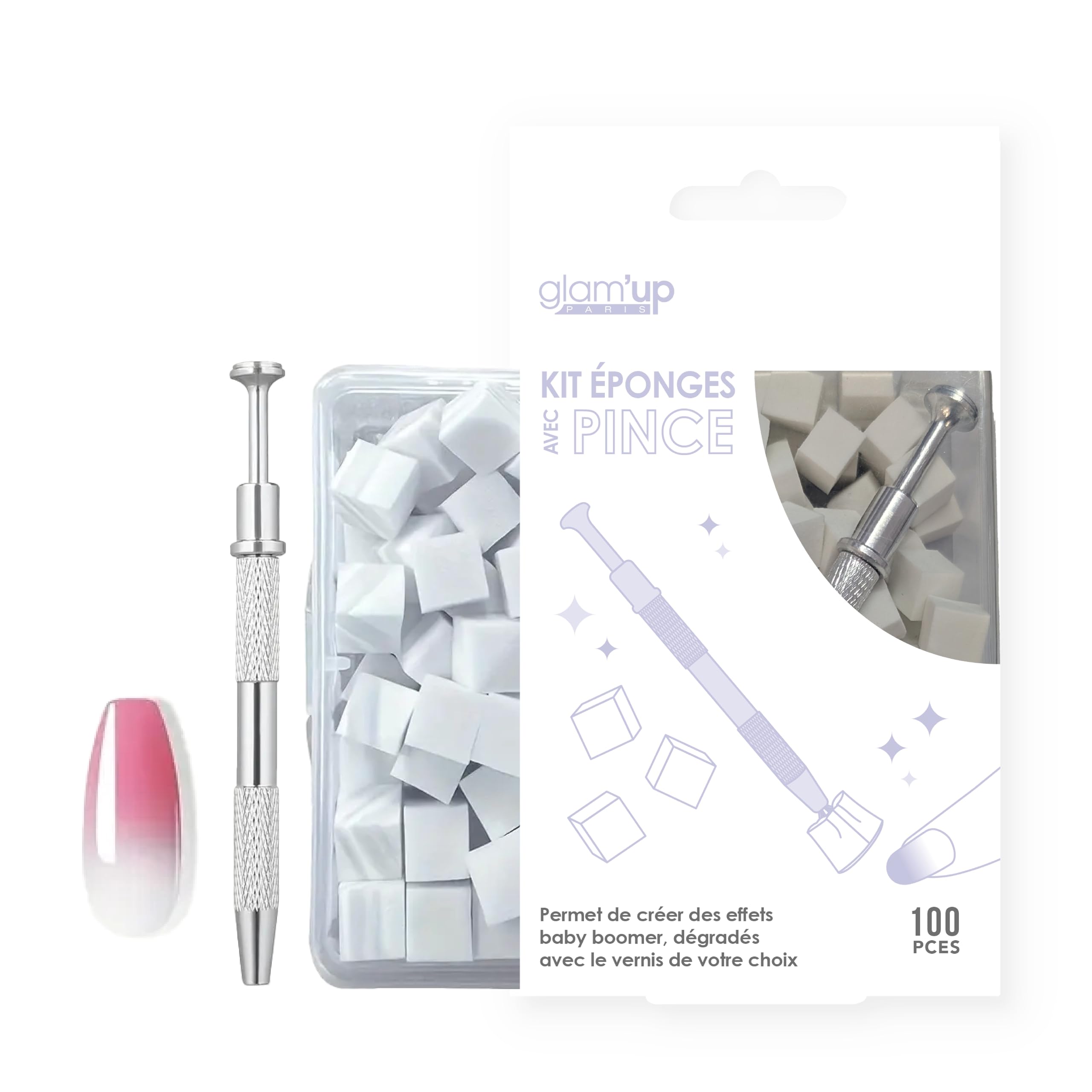 Glam'Up Paris - Kit Éponges & Pince pour Effet Dégradés et Baby Boomer - Nail Art - 100 Pièces Éponges avec Pince Métallique Antidérapante