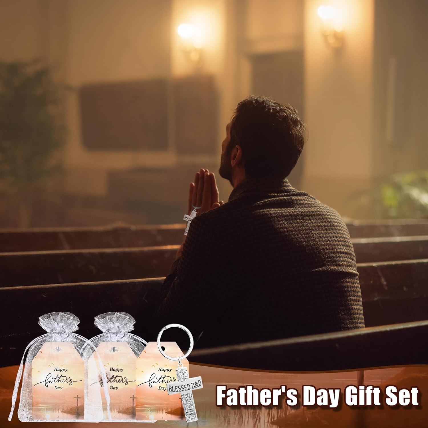 Spakon Father's Day Gifts for Church Bible Verse Keychains Blessed Dad Gifts Cards and Bags for Church Dad