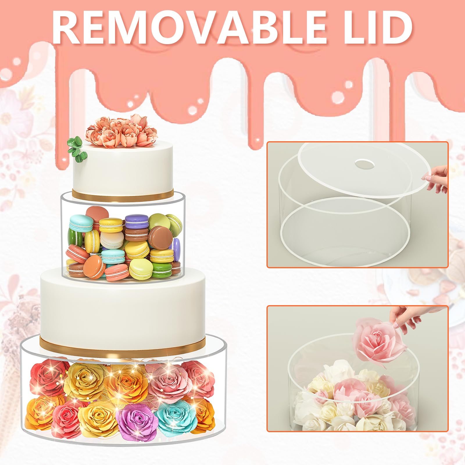 3 Piezas Soportes para Tartas Acrílico, Soporte para Tartas Rellenable con Cadena de luz Nivel Redondo para Cupcakes Cajas Decorativas para Bodas Cumpleaños Fiestas Base para Tartas