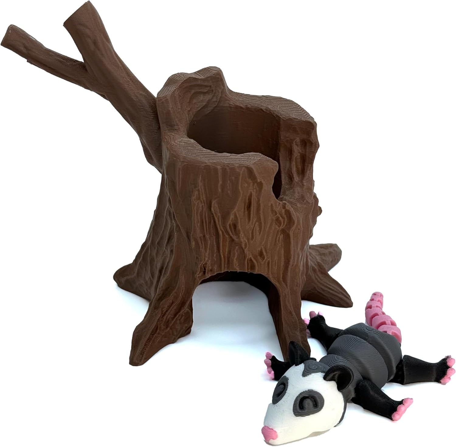 Charming 5-Inch Articulated Possum with tree stump - Hanging by Tail Feature - Multicolor 3D Printed, Lifelike Details, Perfect Collectible or Gift for Animal Lovers