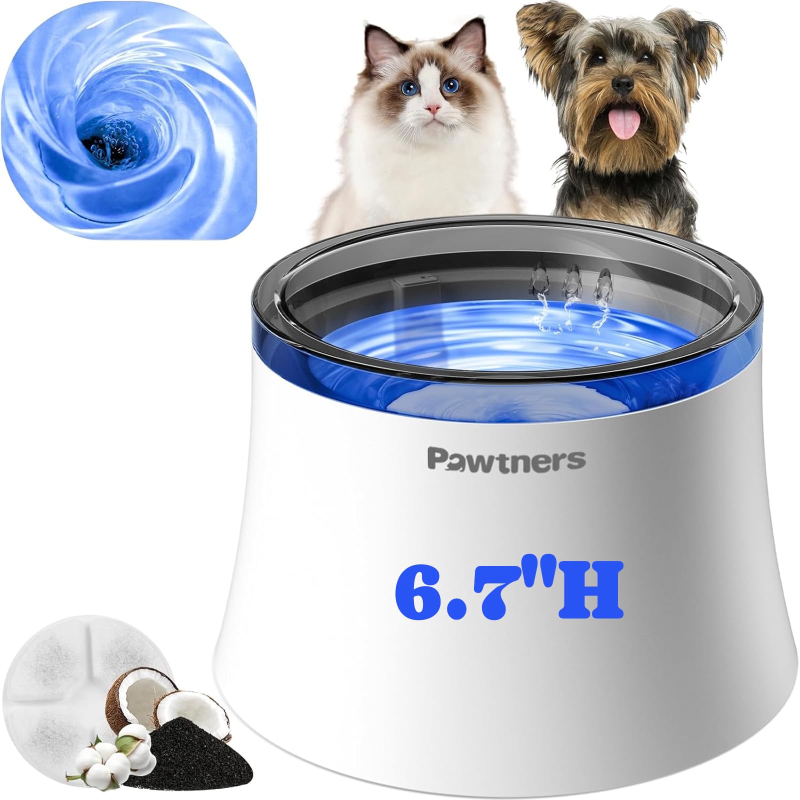 Pawtners Dog Water Fountain, 1 Gallon Dog Water Bowl Dispenser for Small Medium Large Cats, Automatic No Spill Dog Water Bowl with Vortex Filter, Deep Drinking Area and Quiet Pump