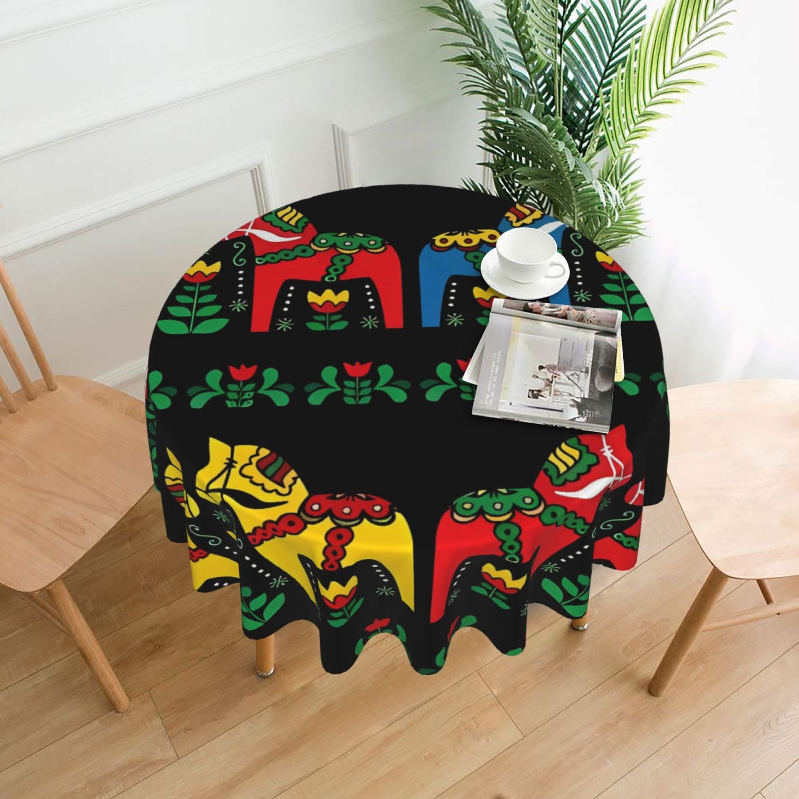 Hjfczh Black Runner Swedish Dala Horse Folk Prints Round Table Throw 60 Inch - Waterproof Table Cover - Soft & Wrinkle Resistant Decor Layer For Dinners, Parties & Everyday Use