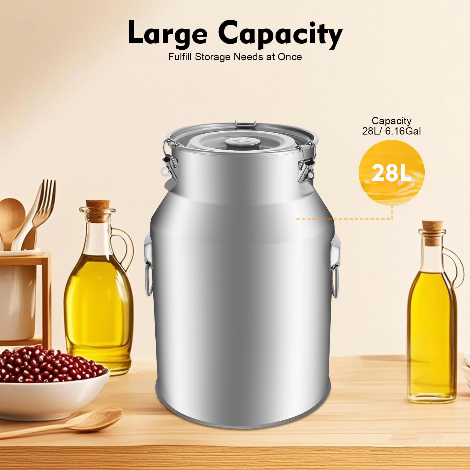 Jarra de leche de acero inoxidable hermética, jarra de leche de 28 L con tapa sellada y cuchara, jarra de transporte multifuncional, depósito de almacenamiento sellado hermético para uso privado y