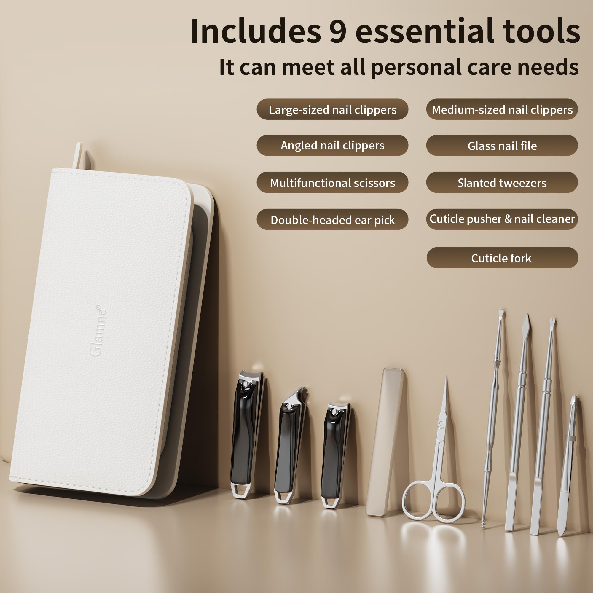 Ensemble coupe-ongles Pince à épiler Ciseaux Manucure Kit de toilettage 9 en 1 avec étui en cuir à fermeture éclair