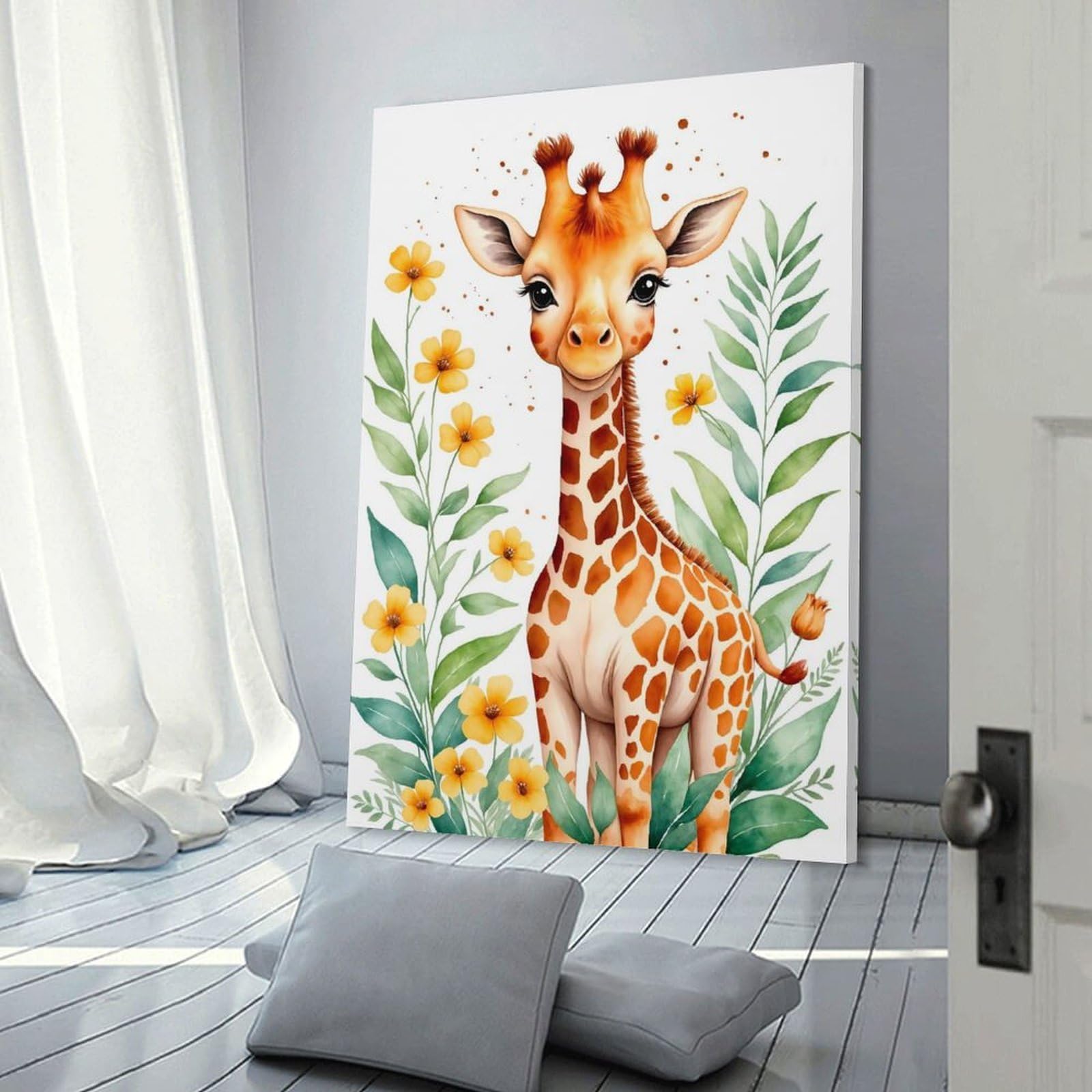 Junmoney Cute Giraffe Watercolor Decorative Wall Artwork, 24x36inch(60x90cm), for Hallway, Lounge Or Guest Room, Decorative Present for New Homes