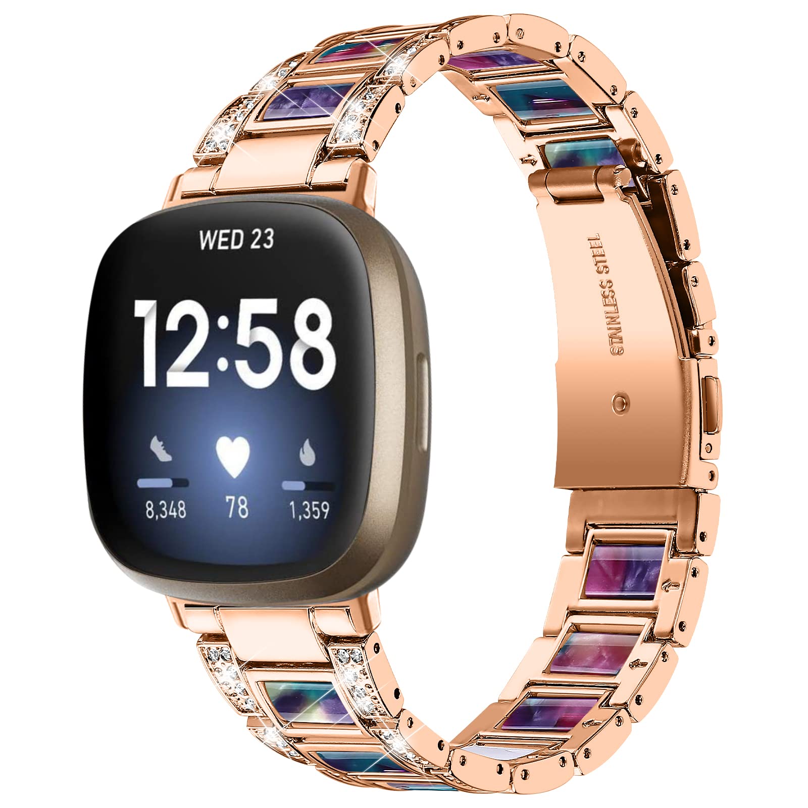 AISPORTS Compatible for Fitbit Versa 4/Sense 2 Strap Stainless Steel Resin for Women, Crystal Bling Glitter Diamonds Jewelry Metal Bracelet Sport Wristband Replacement Strap for Fitbit Versa 4/Sense 2