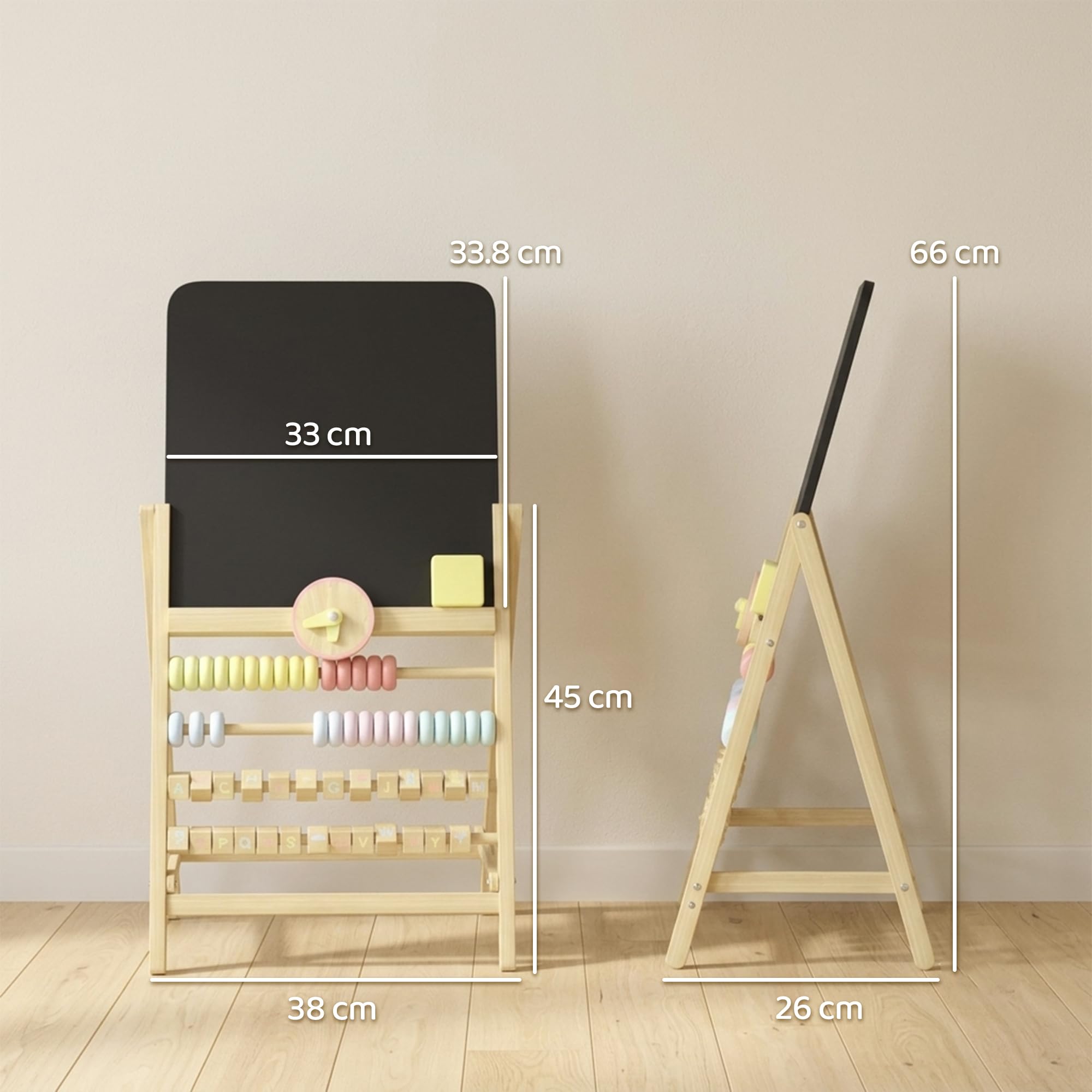 AIYAPLAY Lavagna per Bambini Doppia Facciata in Legno 2+ Anni Color Legno | Cancellabile, Lavagnetta Bambini in Legno con Cavalletto, Orologio Removibile, Abaco Integrato, Cancellino
