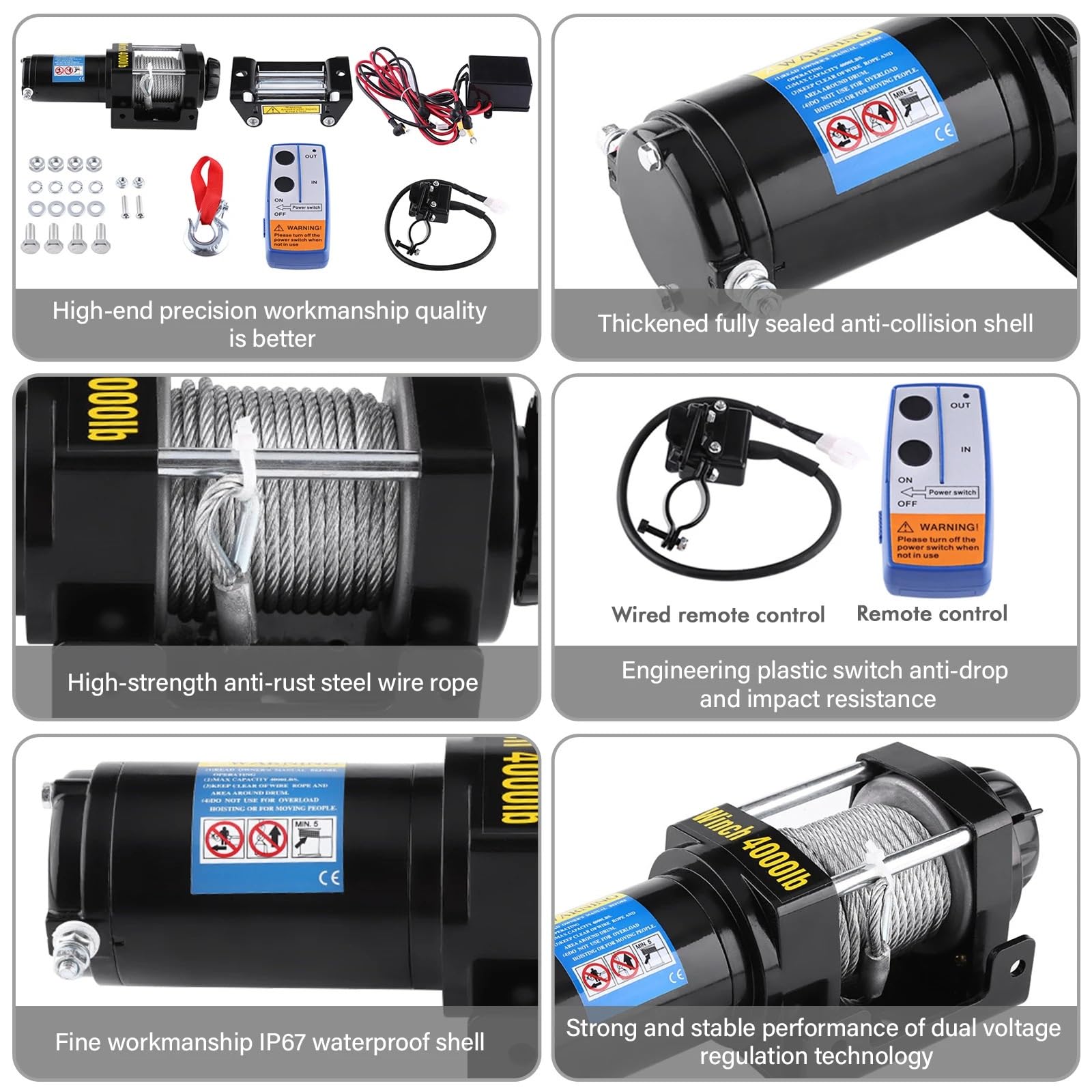 Argani elettrici Kit verricello elettrico da recupero 4000 libbre ATV Camion rimorchio Auto DC 12V Controllo 15 metri Cavo in ACCIAIO AD ALTA RESISTENZA Gru e paranchi a trazione