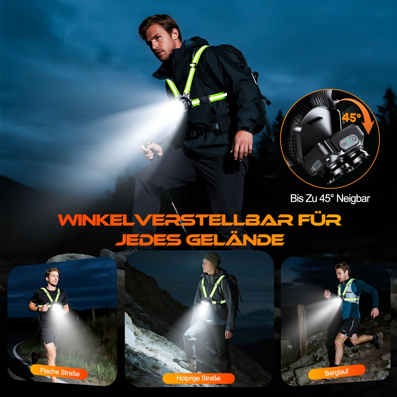 ISEYOU Lauflampe Joggen, 800 Lumen Brustlampe Lauflicht, 6 Modi, 45° neigbar, IPX5, USB-C wiederaufladbar, 4-25 Std. Laufzeit, 360° Reflexgurte – für Camping/Nachtlauf/Radfahren/Spazieren