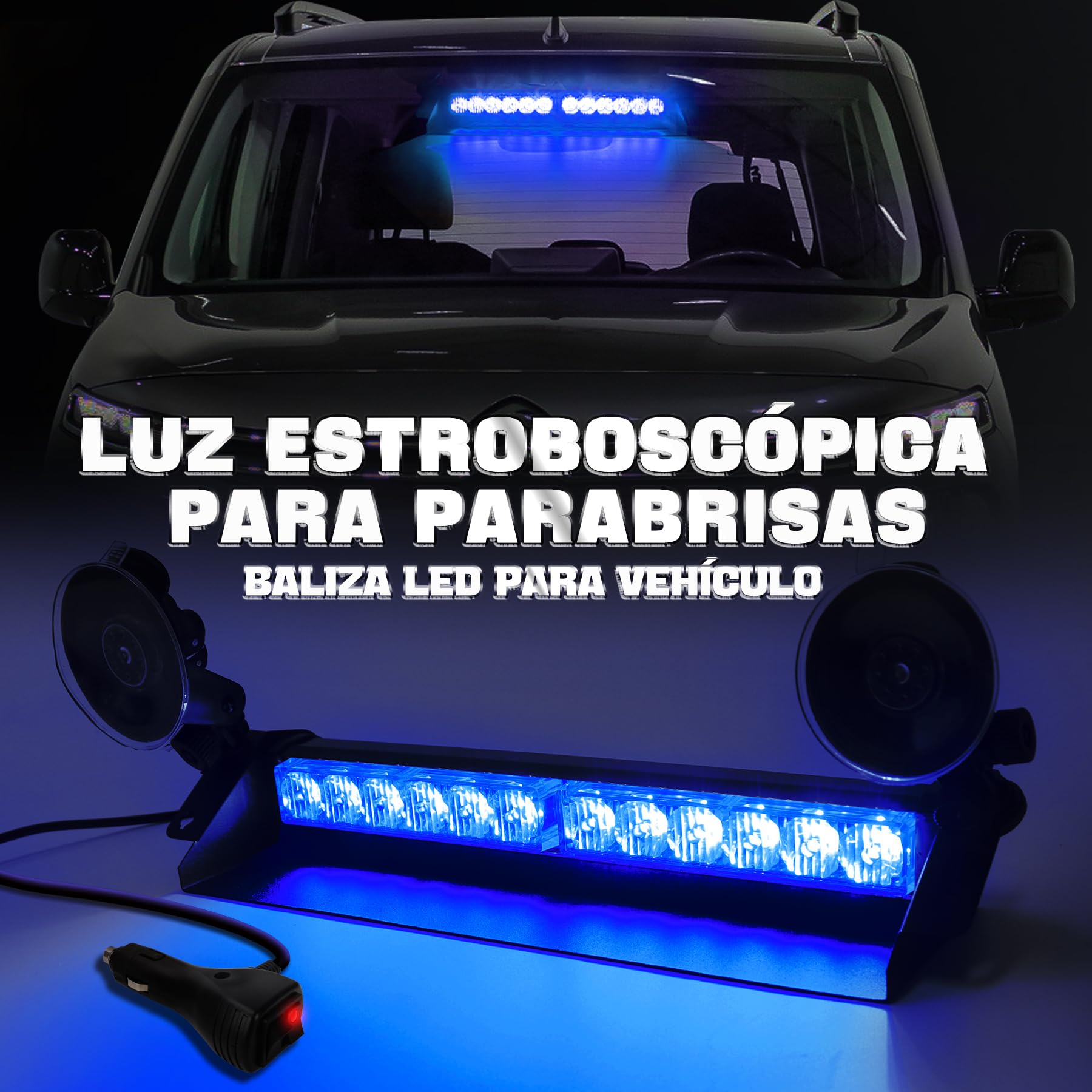 Barra LED Estroboscópica 15 Pulgadas Azul, 12 LED, 12-24V, 9 Modos, Base con Ventosa, Luz de Emergencia para Coche, Camión, Furgoneta y Vehículos de Asistencia