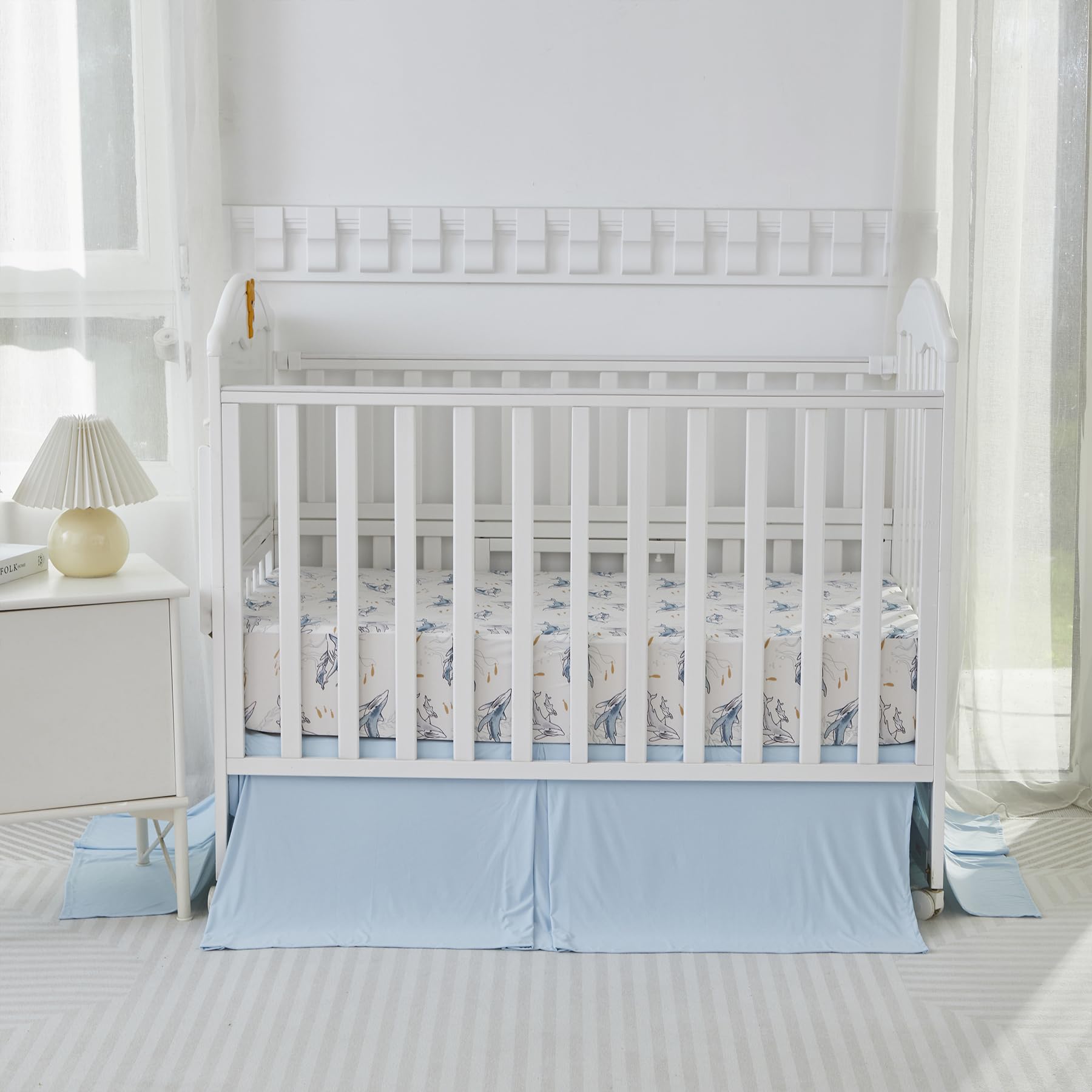 Brandream Sábanas para cuna para niños y niñas, sábana bajera elástica ultra suave de punto jersey para colchón estándar de cuna, sábanas neutrales familiares de ballenas oceánicas para niños, azul y