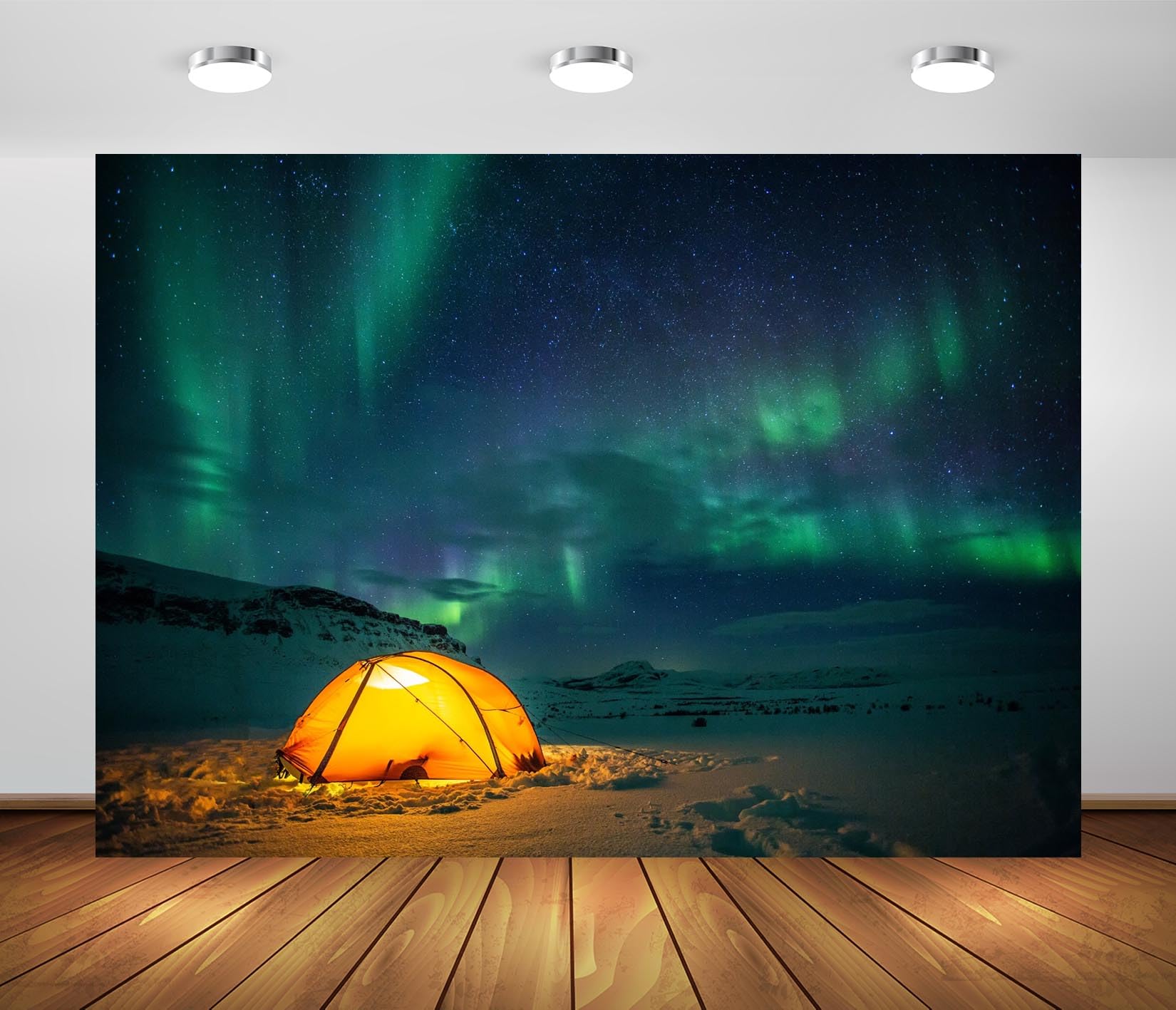 BELECO 8x6ft Fabric Night Camping Tent Backdrop Northern Lights Winter Snowy Mountains Aurora Borealis Camping Background Backdrop Outdoor Picnic