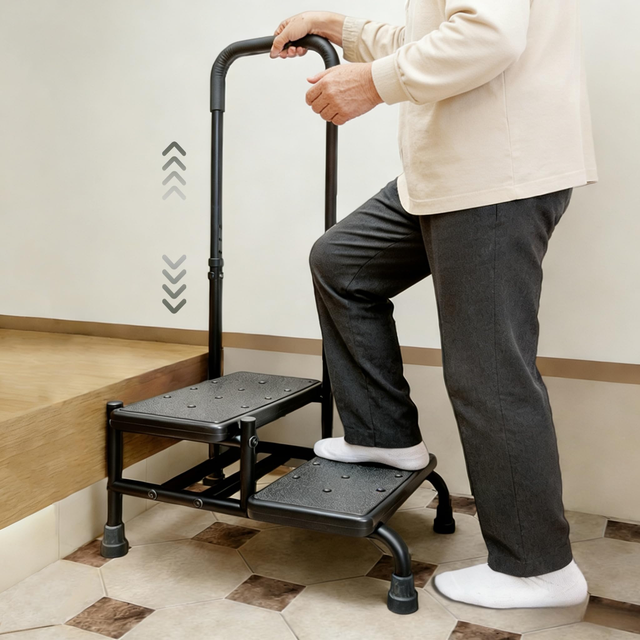高齢者用 手すり付き2段式踏み台 黒 Amazon｜玄関 踏み台 手すり付き 2段ステップ台 介護 高齢者向け 転倒