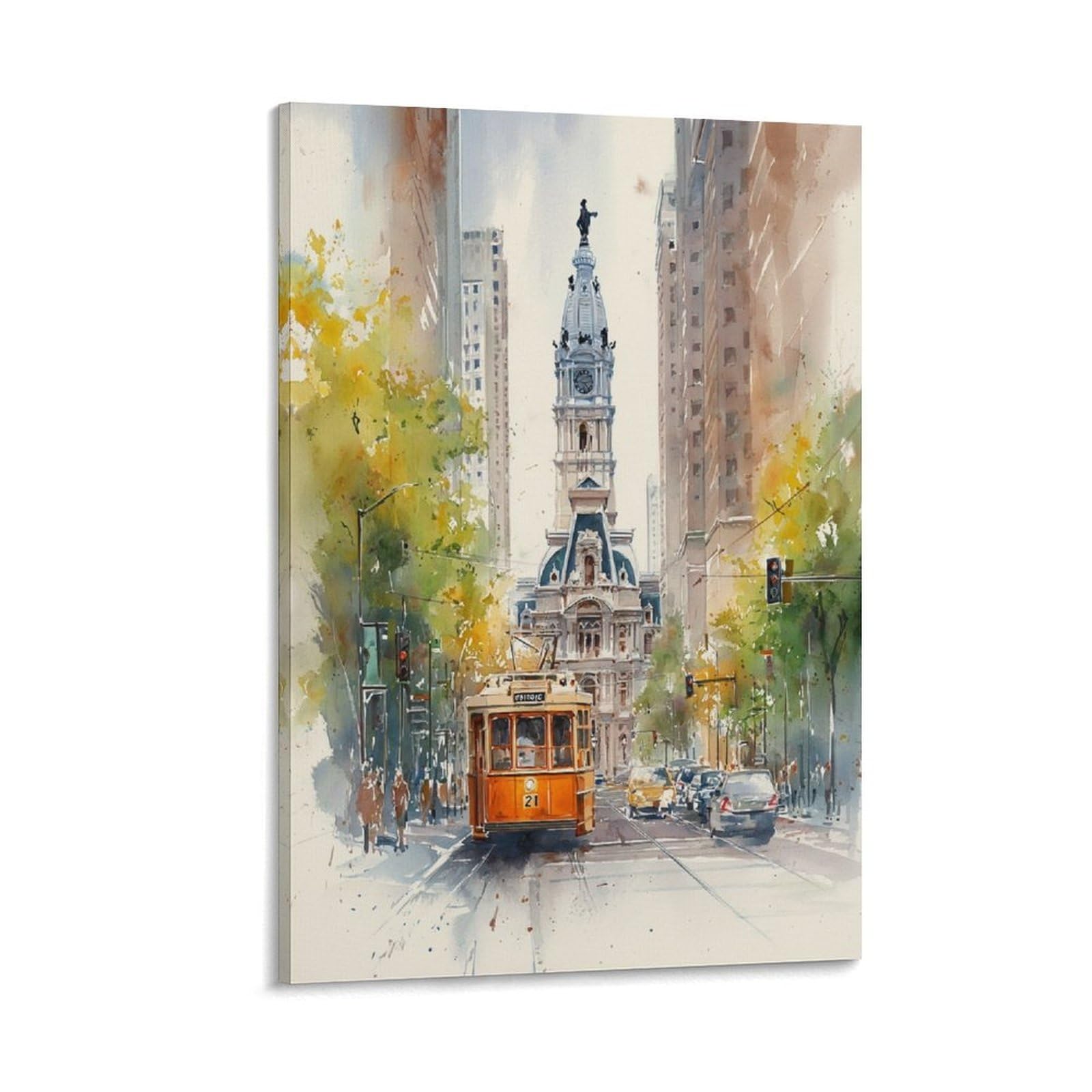 XWYMXZ Philadelphia Watercolor Trolley Car 20x30inch(50x75cm) Vintage Travel Poster Watercolor Canvas Art