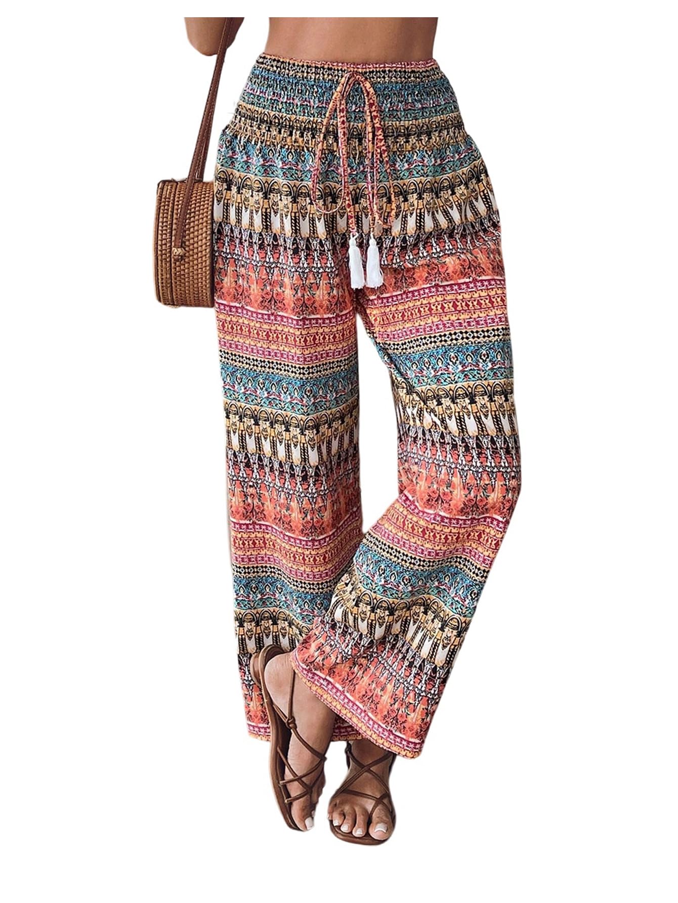 SHENHE Womens Bohemian Graphic Palazzo Pants Elastic Wide Leg High Waisted Boho Trousers