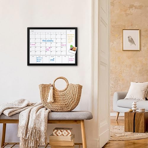 Miniatura 5 de Calendario de borrado en seco 3 en 1 para pared, calendario magnético mensual y semanal, pizarra de borrado en seco para pared con marco de madera