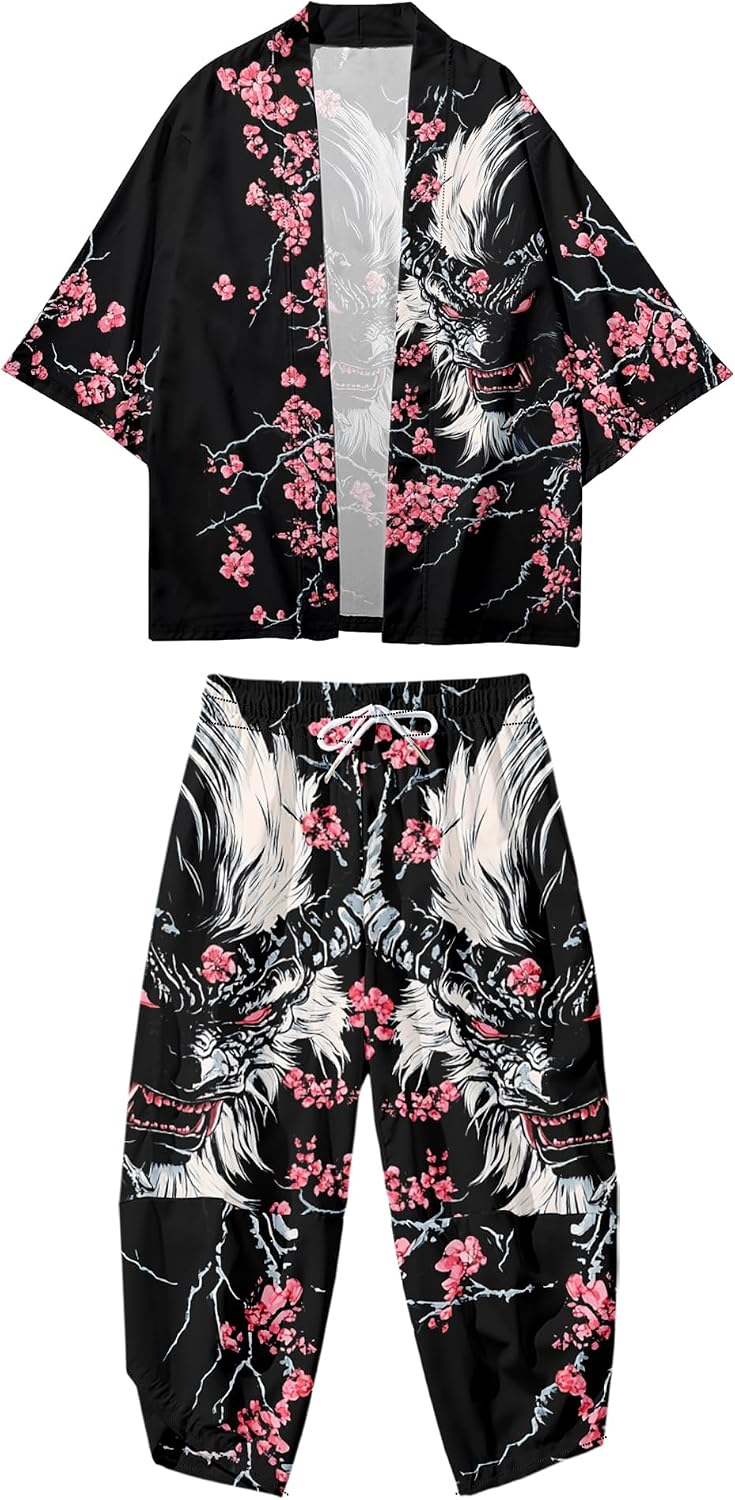 DOSLAVIDA Men's Kimono Cargigan Suits Lightweight 2 Piece Beach Outfits Japanese Open Front 3/4 Sleeve Shirt & Shorts