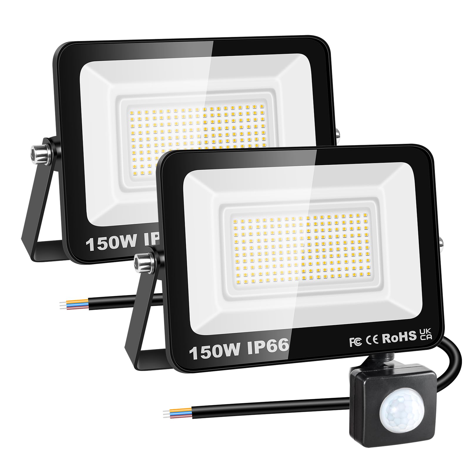 RIGIDON 2x 150W focos led exterior con sensor movimiento PIR, 15000lm 3000K | sin enchufe, blanco cálido, foco proyector, IP66 impermeable, seguridad, floodlight, para patio jardín garaje caminos entrada