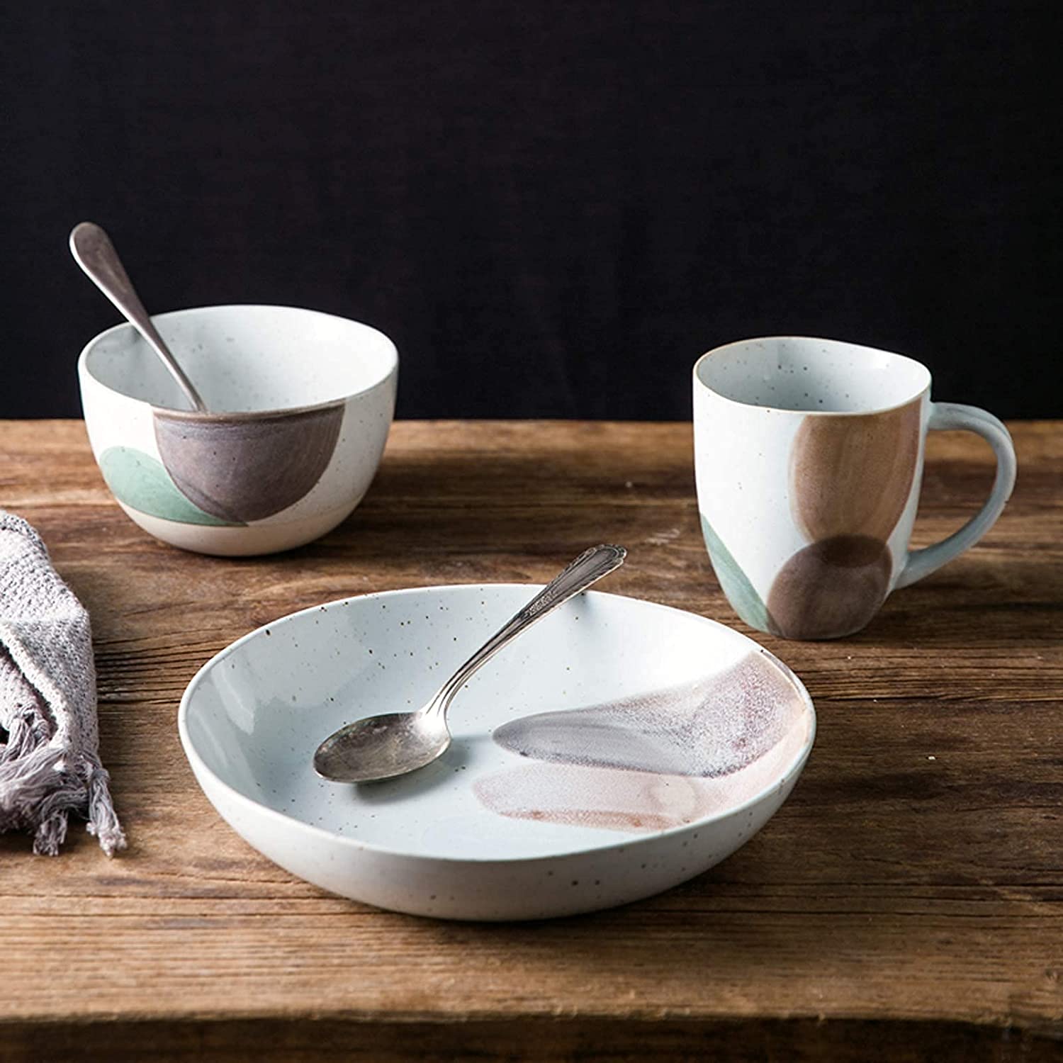 Zestaw obiadowy, zestawy porcelanowej zastawy stołowej, miski i talerze do steków | 18-częściowy zestaw obiadowy Retro Ceramics na prezenty ślubne, przybory kuchenne