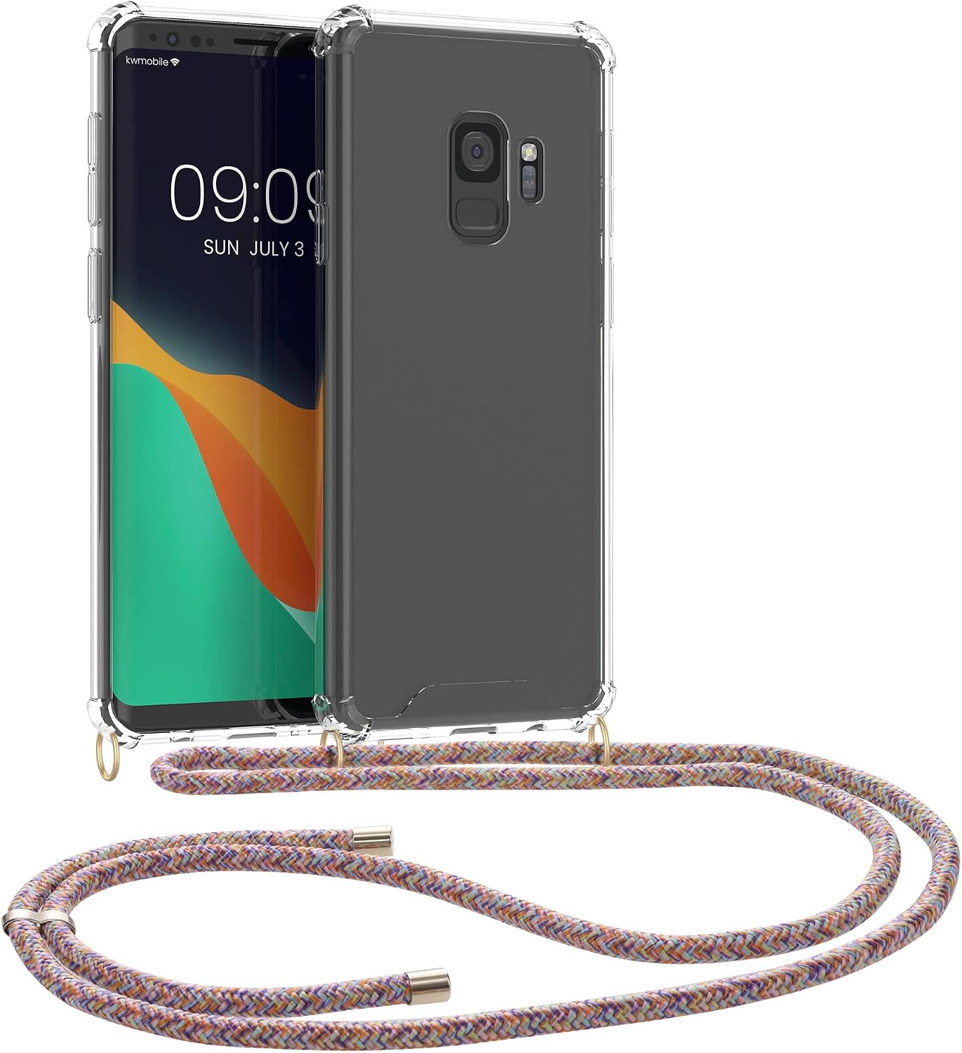 kwmobile Crossbody Case Compatible with Samsung Galaxy S9 Case - Clear TPU Phone Cover w/Lanyard Cord Strap - Multicolor/Transparent