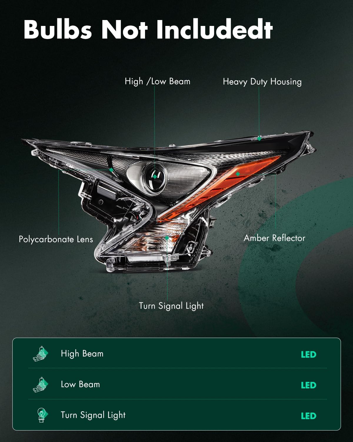 SCITOO Headlight Assembly Fit 2016-2018 for Toyota Prius Black Housing Amber Reflector Pair Headlights 81140-47711