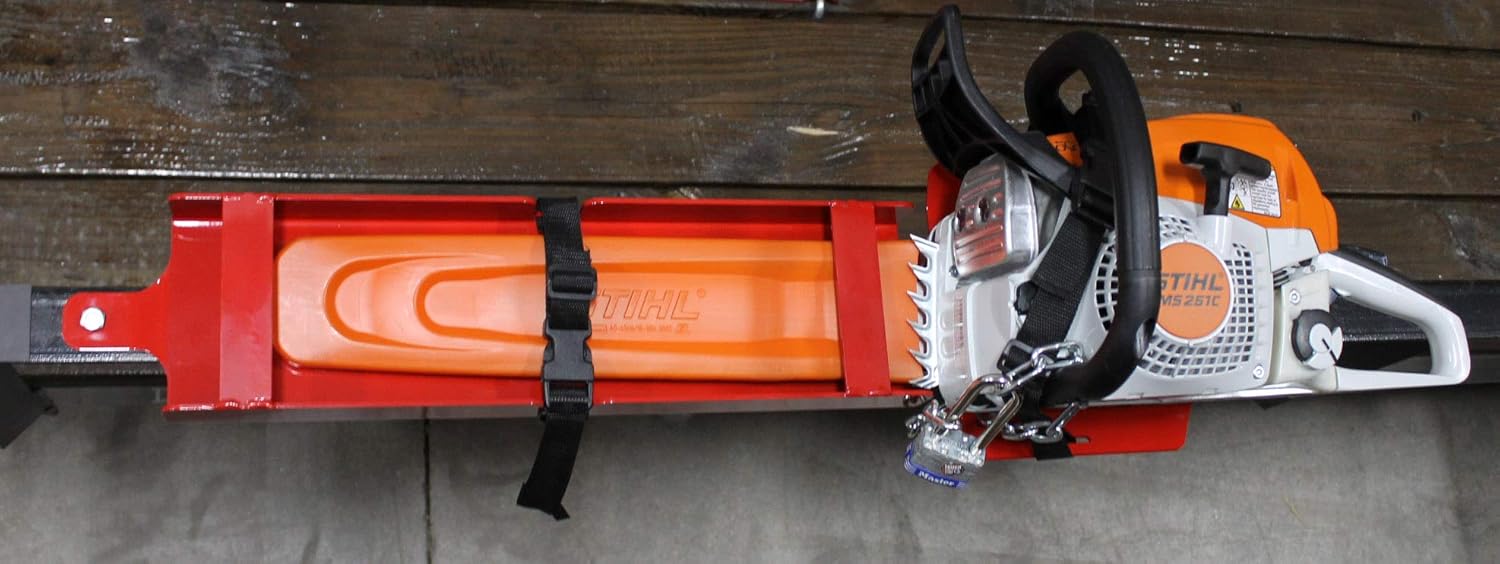 Jungle Jim's Jungle Sheath Lockable Rack for Hedge Trimmers & Chainsaws – Secures Both Tool & Sheath with Buckle Strap & Chain – Mounts to Open Trailer Rails, Floors, Enclosed Trailers & Garages