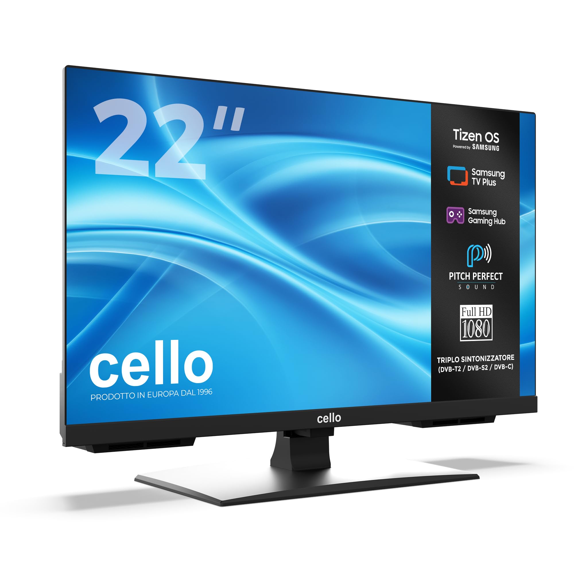 Cello C2226TZH TV LED Smart da 22" senza cornice con Tizen OS di Samsung, Gaming Hub, altoparlanti Pitch Perfect, ideale per cucina e camera da letto, triplo sintonizzatore