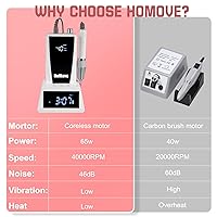 Vista 6 de Taladro de uñas profesional, 40000 RPM recargable con motor Corelss, archivo de uñas inalámbrico HoMove con base de reloj para eliminación de uñas