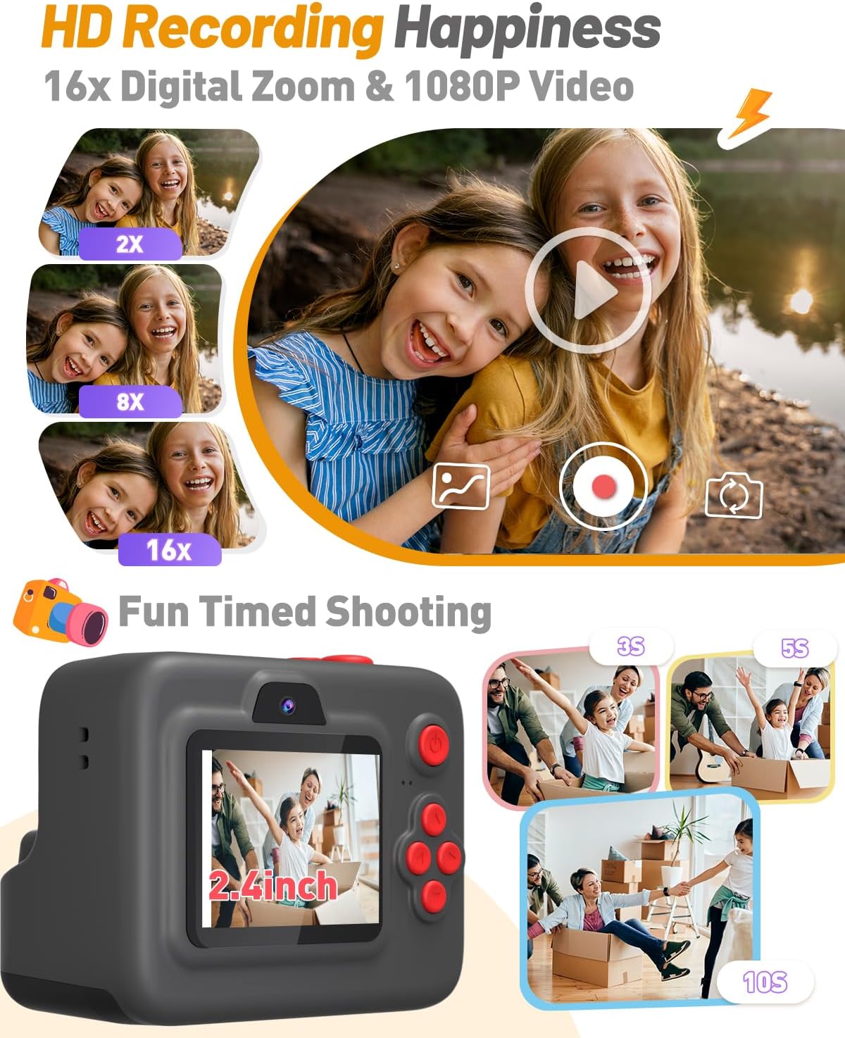 Kids Camera Instant Print, Dual-Lens Front Rear Selfie Camera for Kids, Christmas Birthday Gifts Toys for 3-12 Year Old Boys Girls, 2.4in Screen 1080P Kid Digital Cameras with 32G Card - Image 3