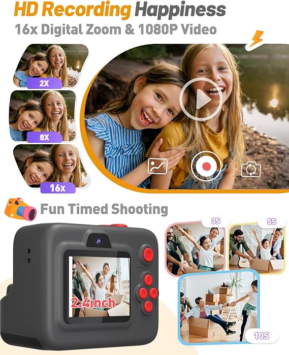 Yehtta Kids Camera Instant Print, Christmas Birthday Gift for 3-15 Years Old Boys Girls, 24 Inch Screen 1080P Kids Digital Camera Toy for 3 4 5 6 7 8 9 10, 3 Roll Printing Paper with 32G Card