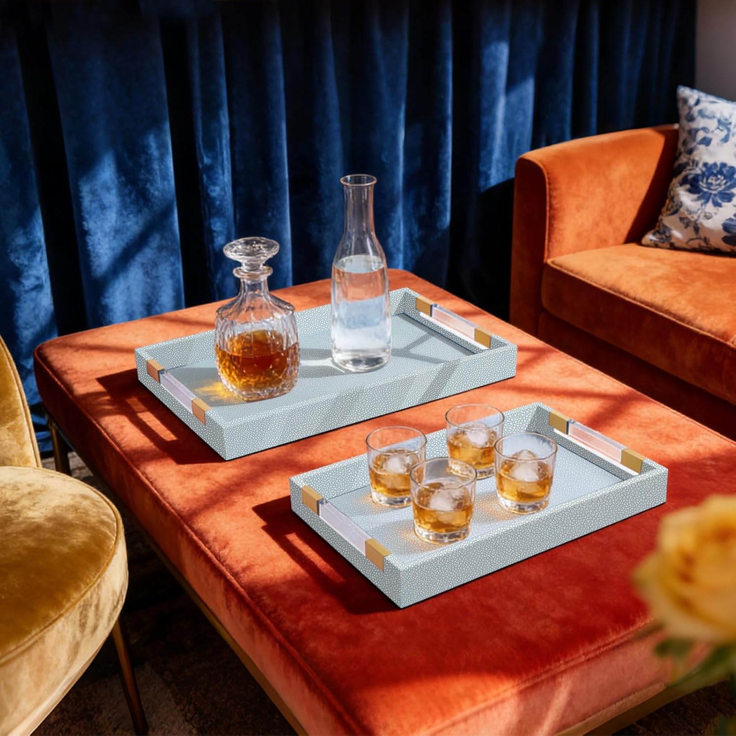 2 Pack Large Ottoman Tray Shagreen Decorative Tray Serving Tray with Acrylic Gold Handles, Ice Blue Vegan Leather Coffee Table Tray for All Occations Home Decor Light Aqua 2 Pack, L(19.7" x 12" x 2") M(17.7" x 10.2" x 2")