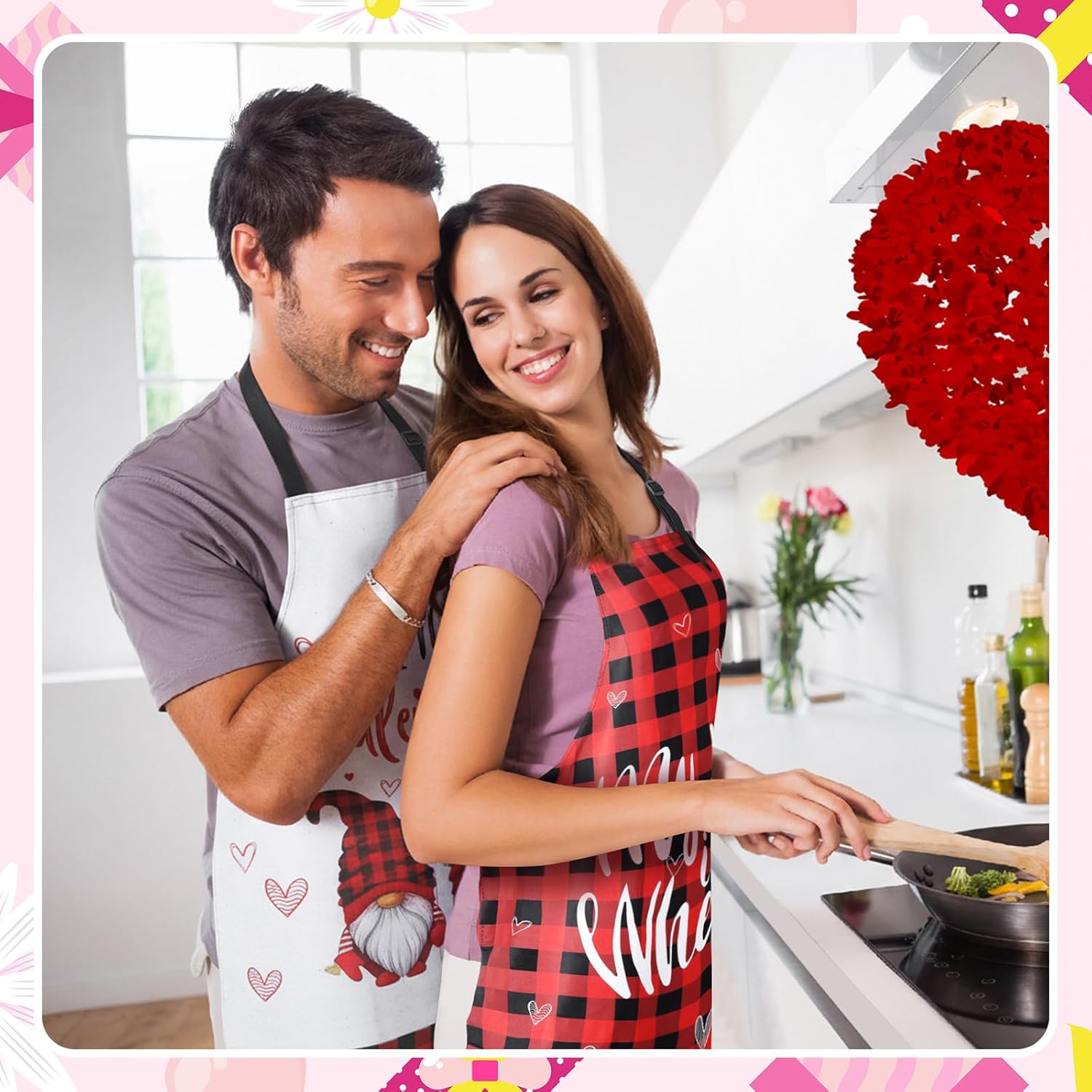 Bencailor 4 Pcs Valentine's Day Aprons Set Adjustable Buffalo Check Heart Kitchen Aprons Valentines Cooking Apron Bib for Women Girls - Image 2