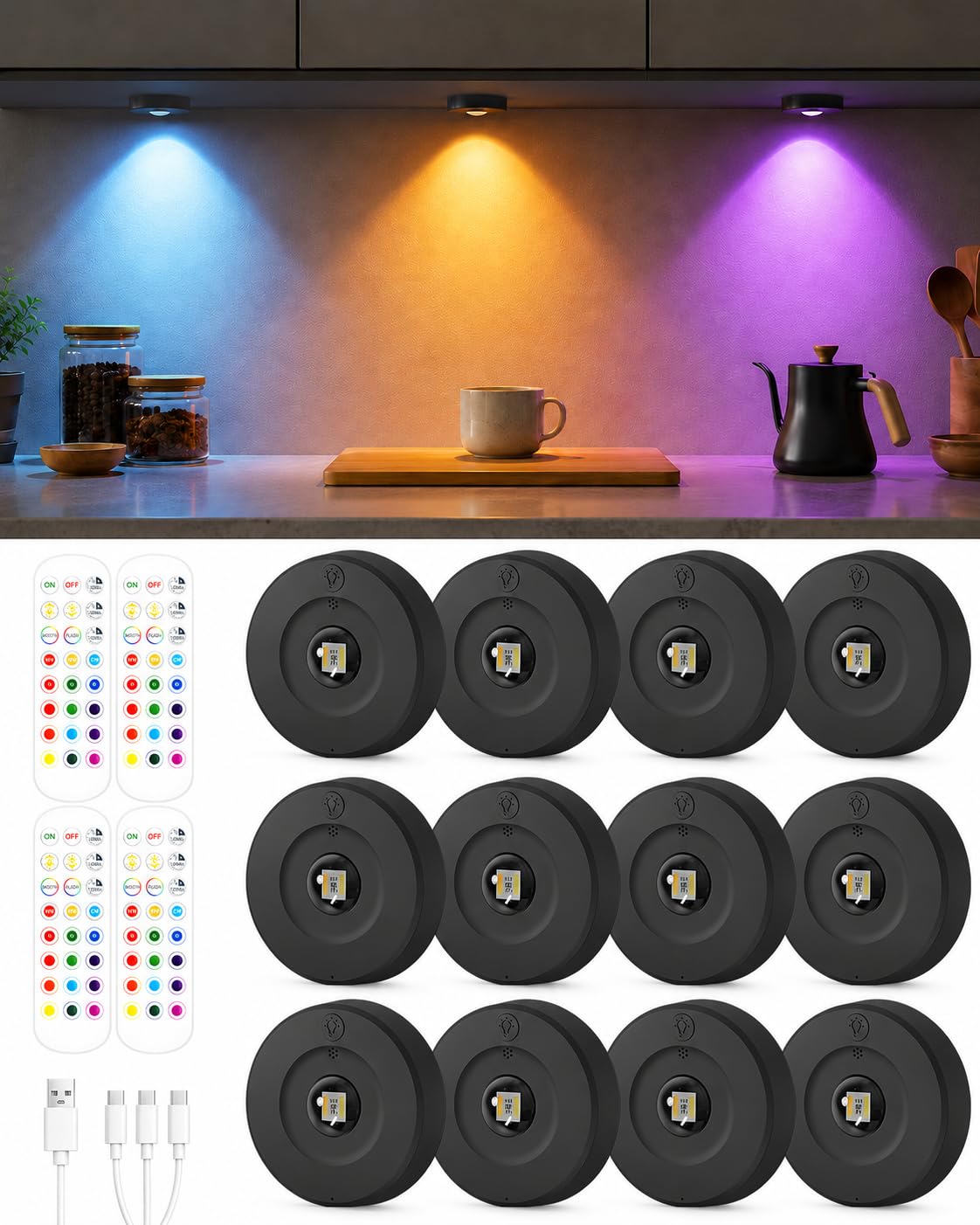 Lampes RGB Rechargeables avec Télécommande, Lot de 12 Spot LED Sans Fil